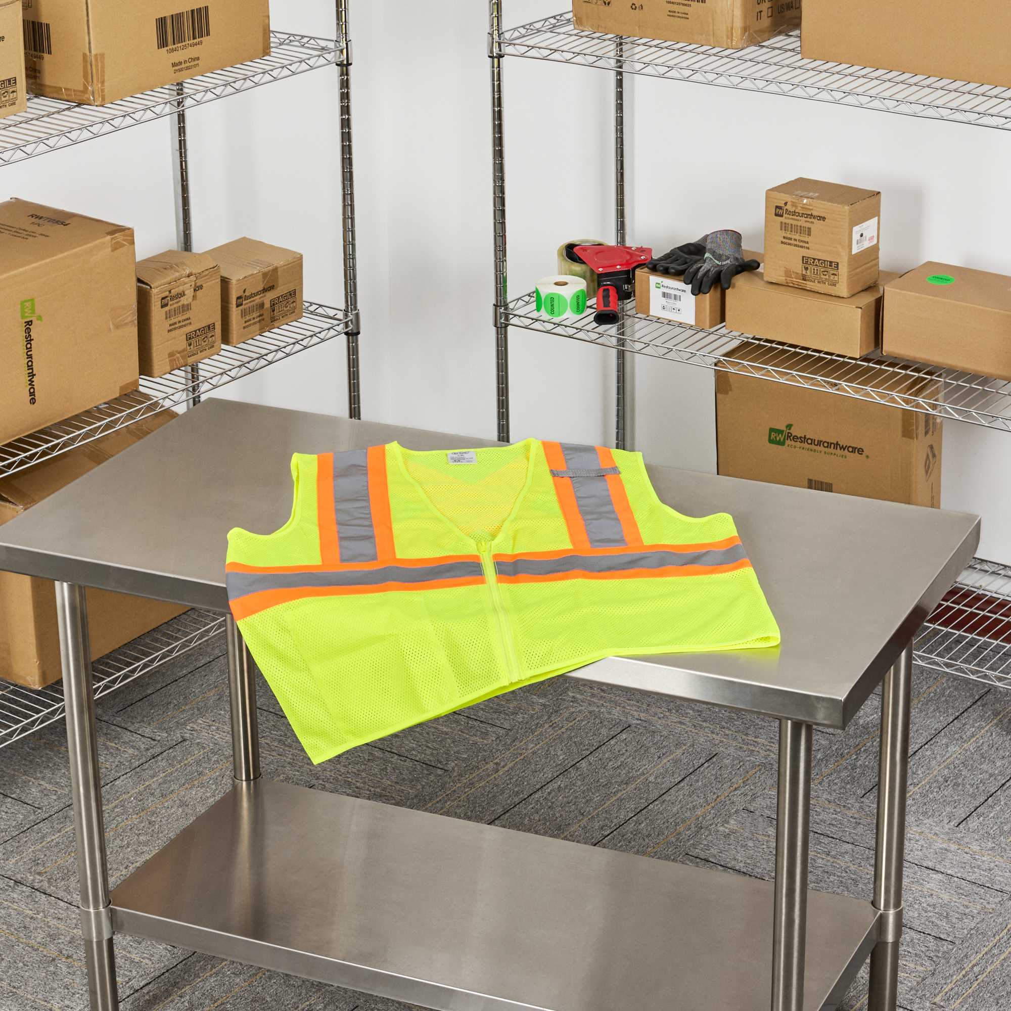 Be Safe Type R Class 2 Lime S/M High Visibility X-Back Reflective Tape Mesh Safety Vest - Zipper Closure - 20 count box