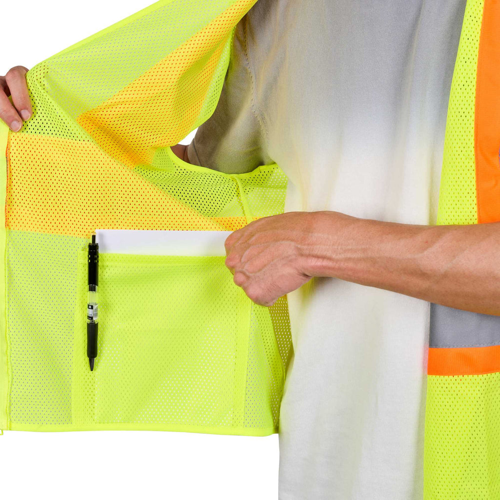 Be Safe Type R Class 2 Lime S/M High Visibility X-Back Reflective Tape Mesh Safety Vest - Zipper Closure - 20 count box