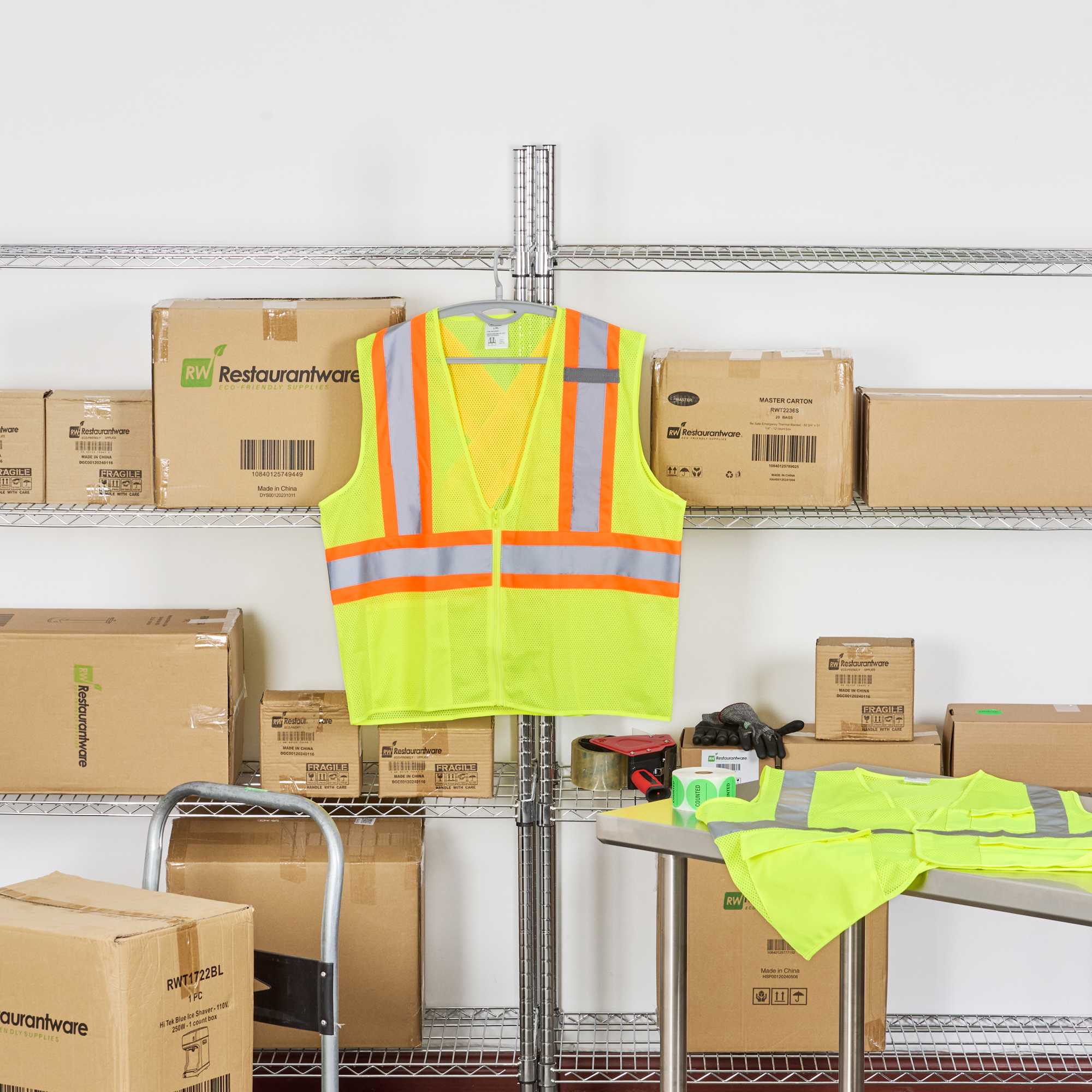 Be Safe Type R Class 2 Lime S/M High Visibility X-Back Reflective Tape Mesh Safety Vest - Zipper Closure - 20 count box