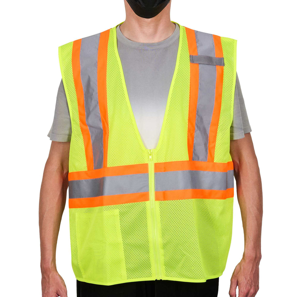 Be Safe Type R Class 2 Lime L/XL High Visibility X-Back Reflective Tape Mesh Safety Vest - Zipper Closure - 20 count box