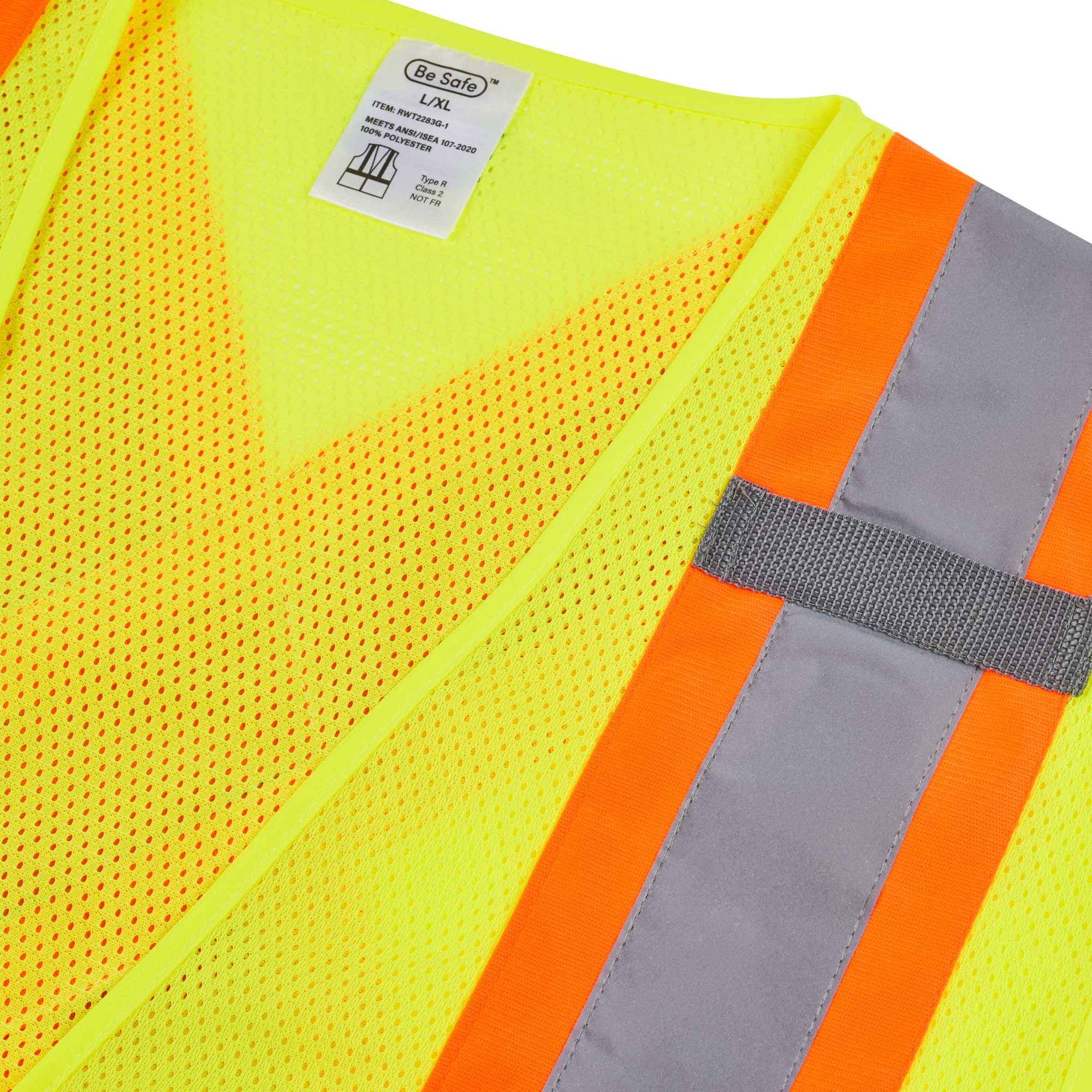 Be Safe Type R Class 2 Lime L/XL High Visibility X-Back Reflective Tape Mesh Safety Vest - Zipper Closure - 20 count box