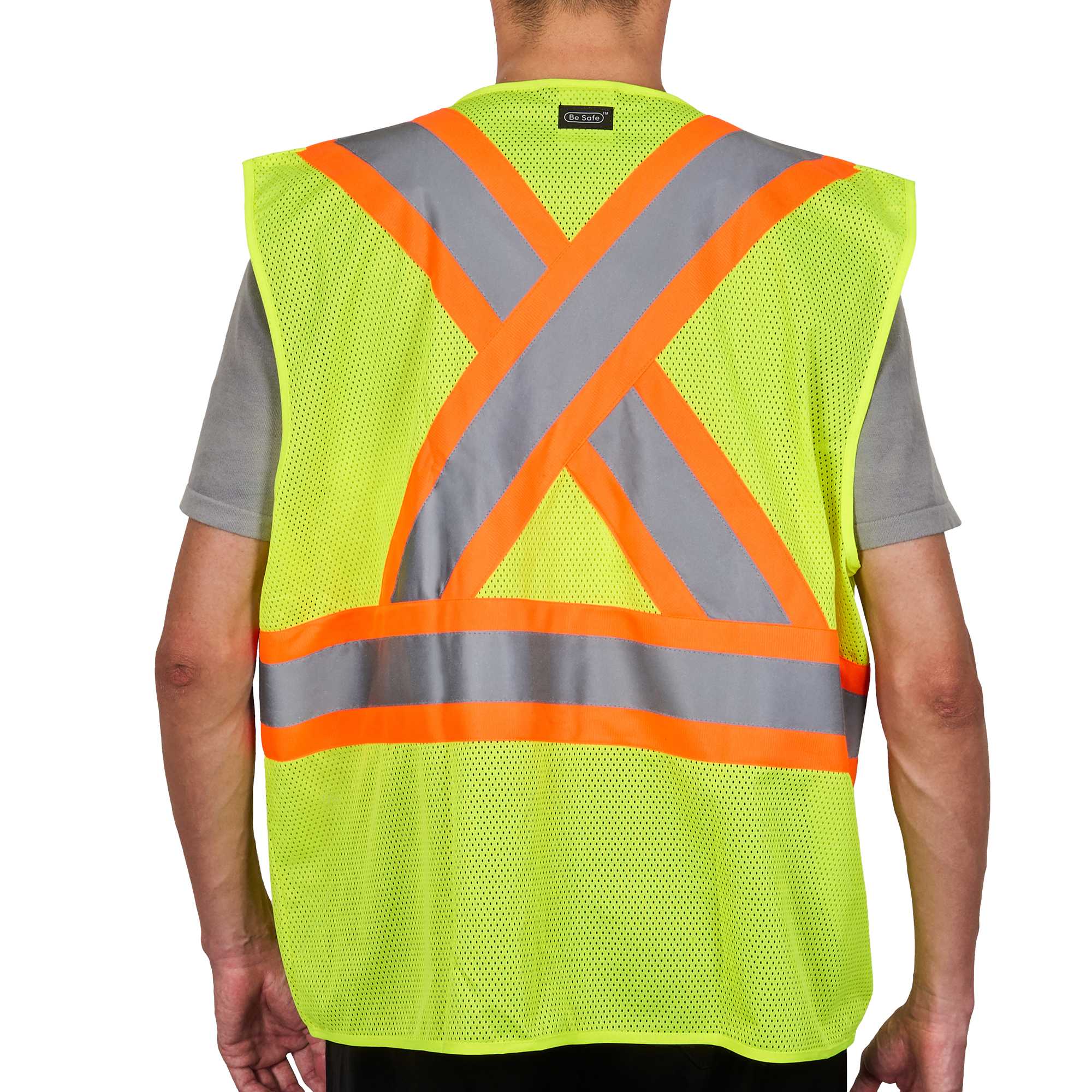 Be Safe Type R Class 2 Lime 2XL/3XL High Visibility X-Back Reflective Tape Mesh Safety Vest - Zipper Closure - 20 count box