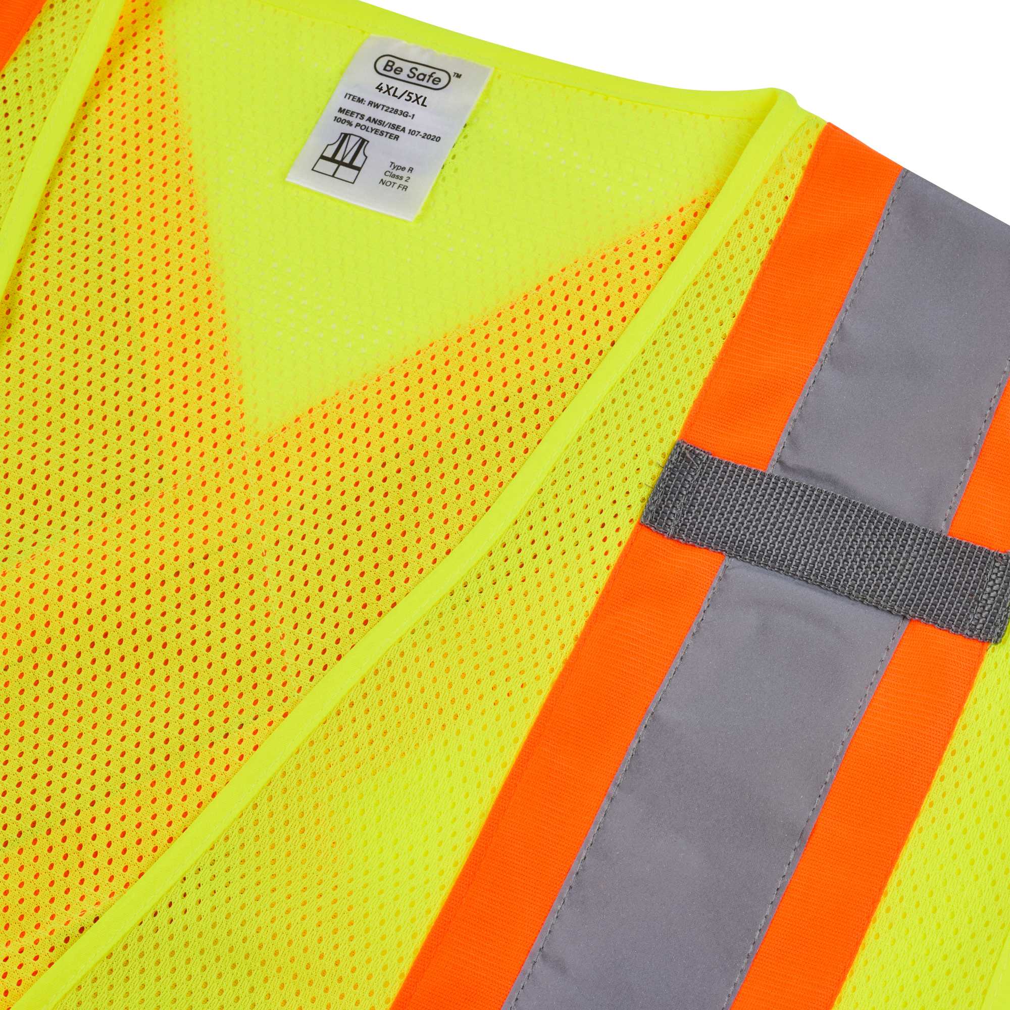Be Safe Type R Class 2 Lime 4XL/5XL High Visibility X-Back Reflective Tape Mesh Safety Vest - Zipper Closure - 1 count box
