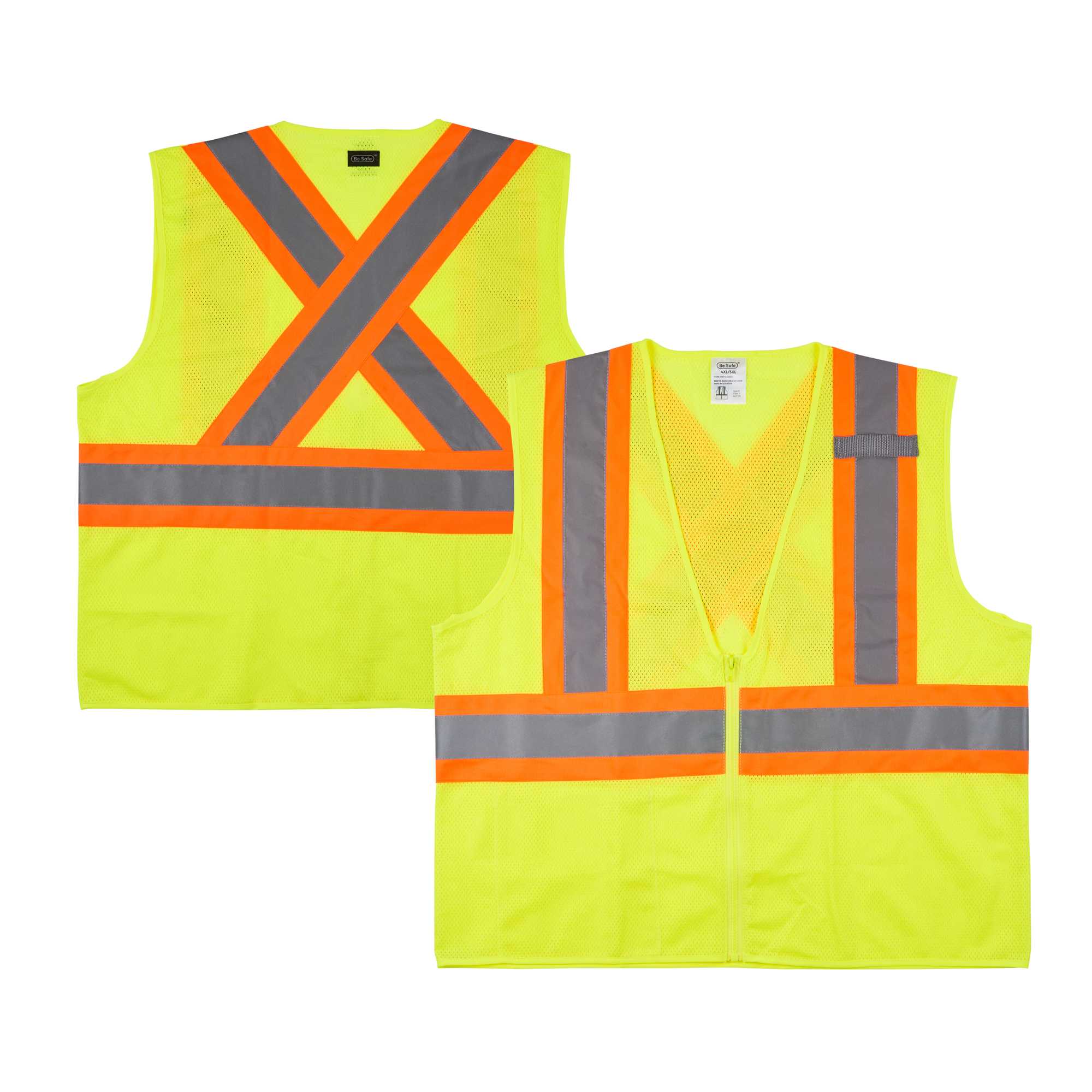 Be Safe Type R Class 2 Lime 4XL/5XL High Visibility X-Back Reflective Tape Mesh Safety Vest - Zipper Closure - 20 count box