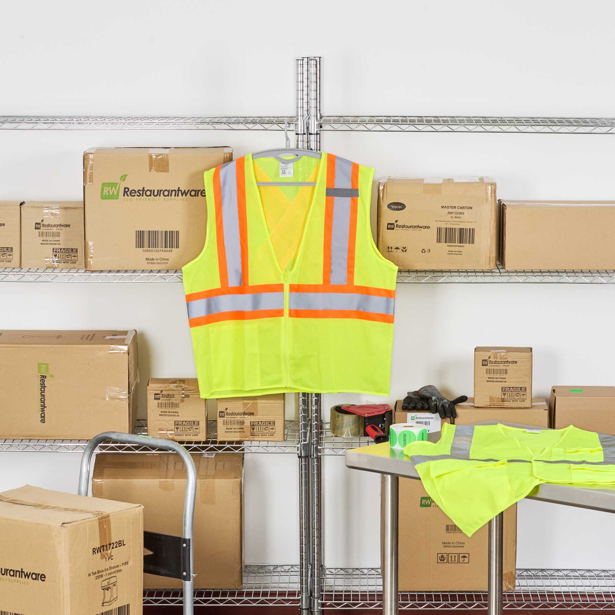 Be Safe Type R Class 2 Lime 4XL/5XL High Visibility X-Back Reflective Tape Mesh Safety Vest - Zipper Closure - 20 count box