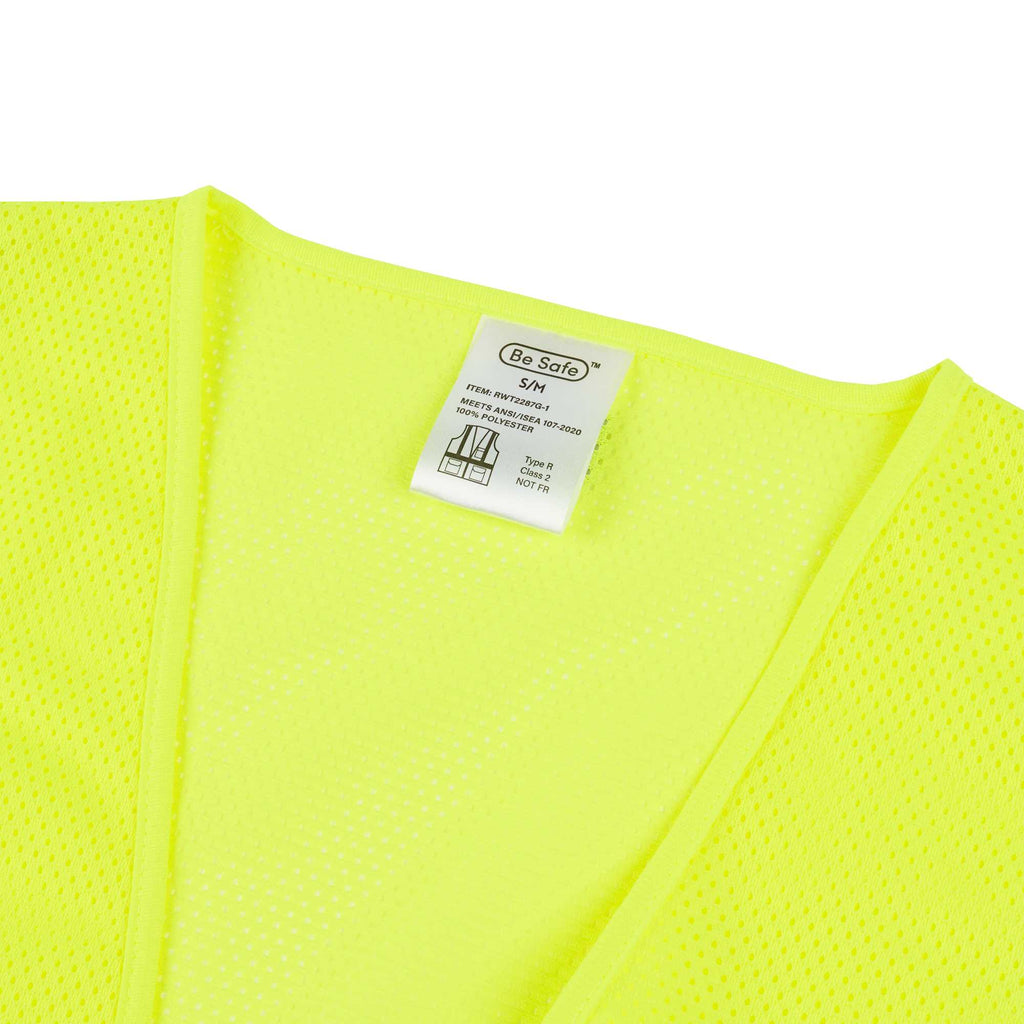 Be Safe Type R Class 2 Lime S/M High Visibility Mesh Safety Vest - Hook/Loop Closure, Reflective Tape - 20 count box