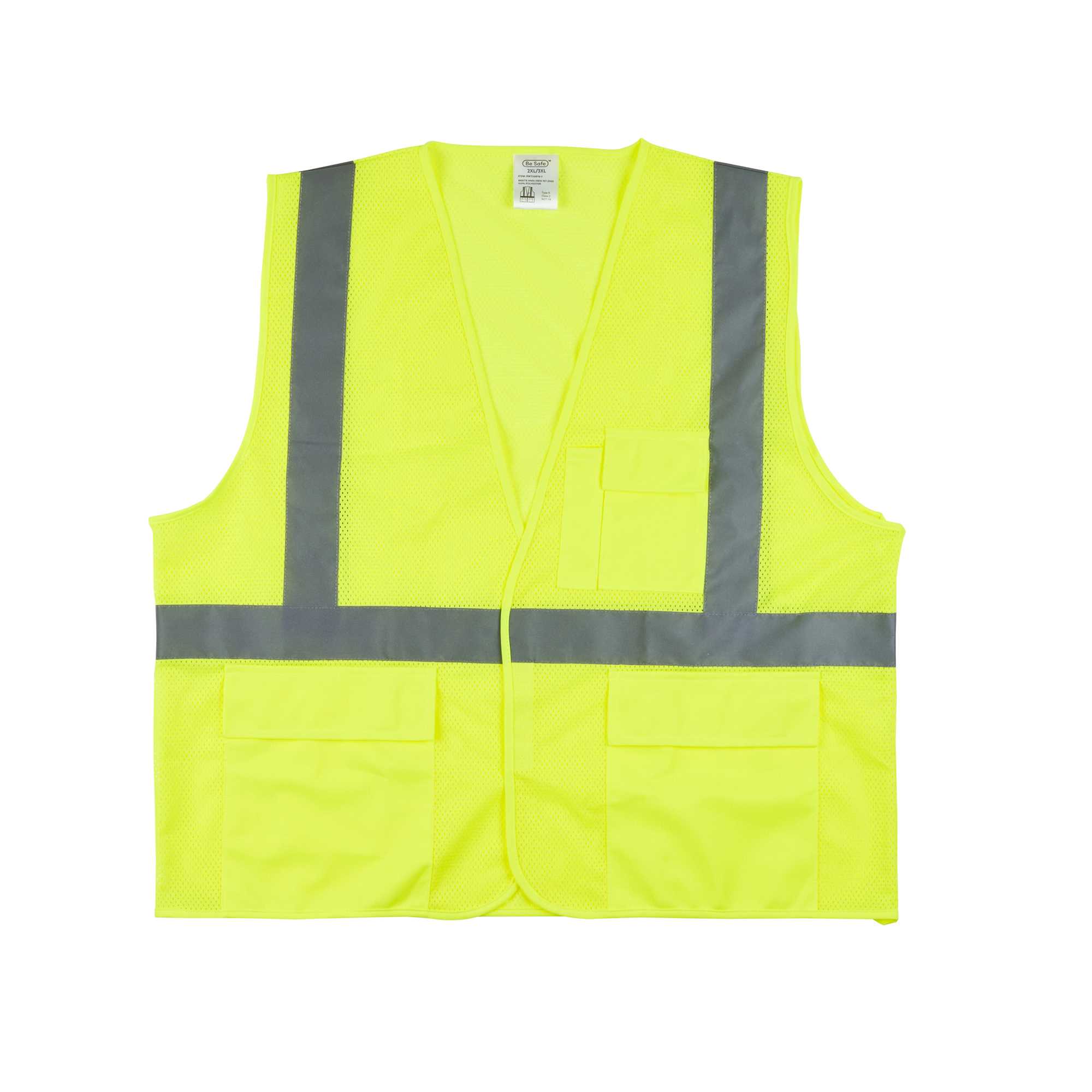 Be Safe Type R Class 2 Lime 2XL/3XL High Visibility Mesh Safety Vest - Hook/Loop Closure, Reflective Tape - 20 count box