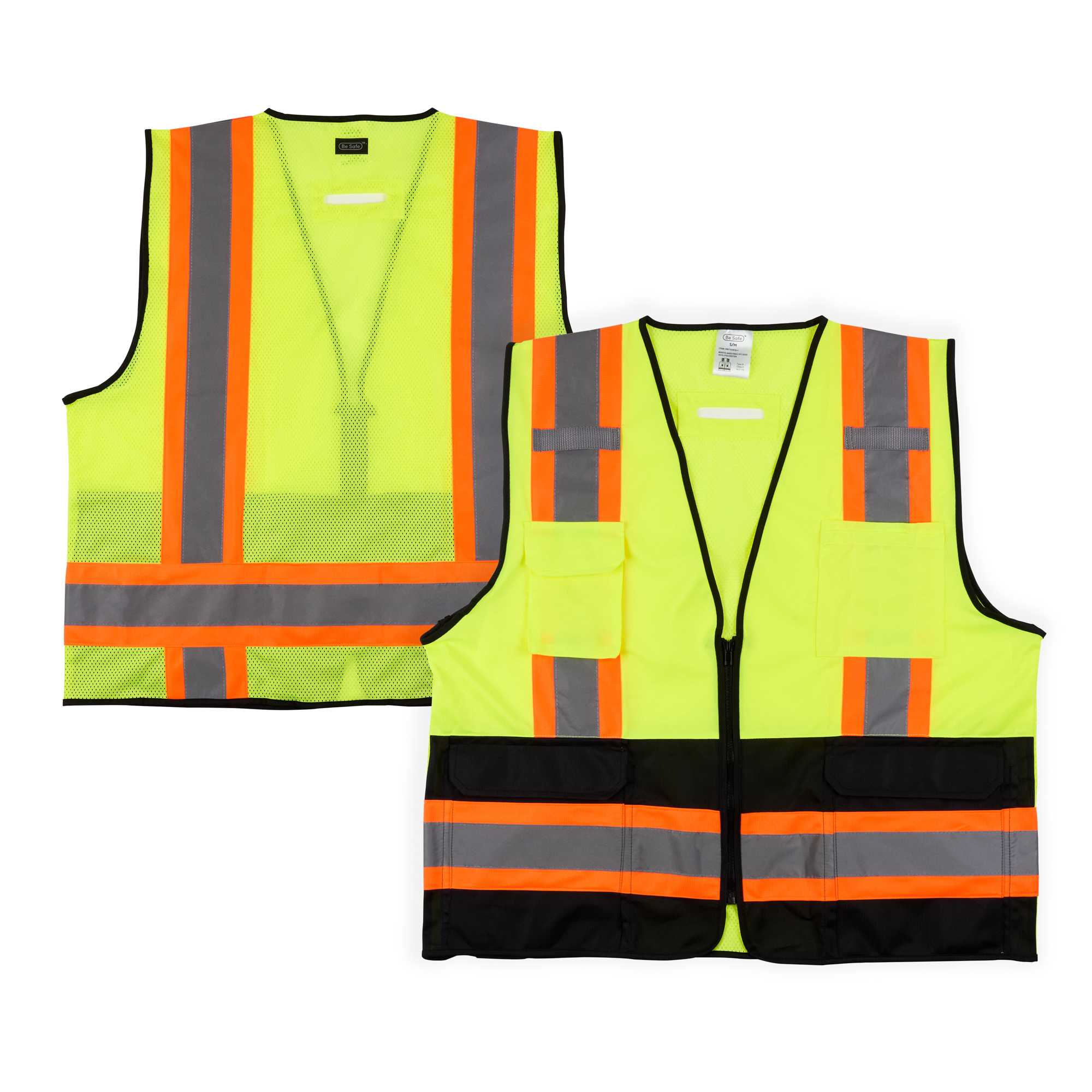 Be Safe Type R Class 2 Lime S/M Deluxe High Visibility Safety Vest - Zipper Closure, Black Panel, Reflective Tape - 20 count box
