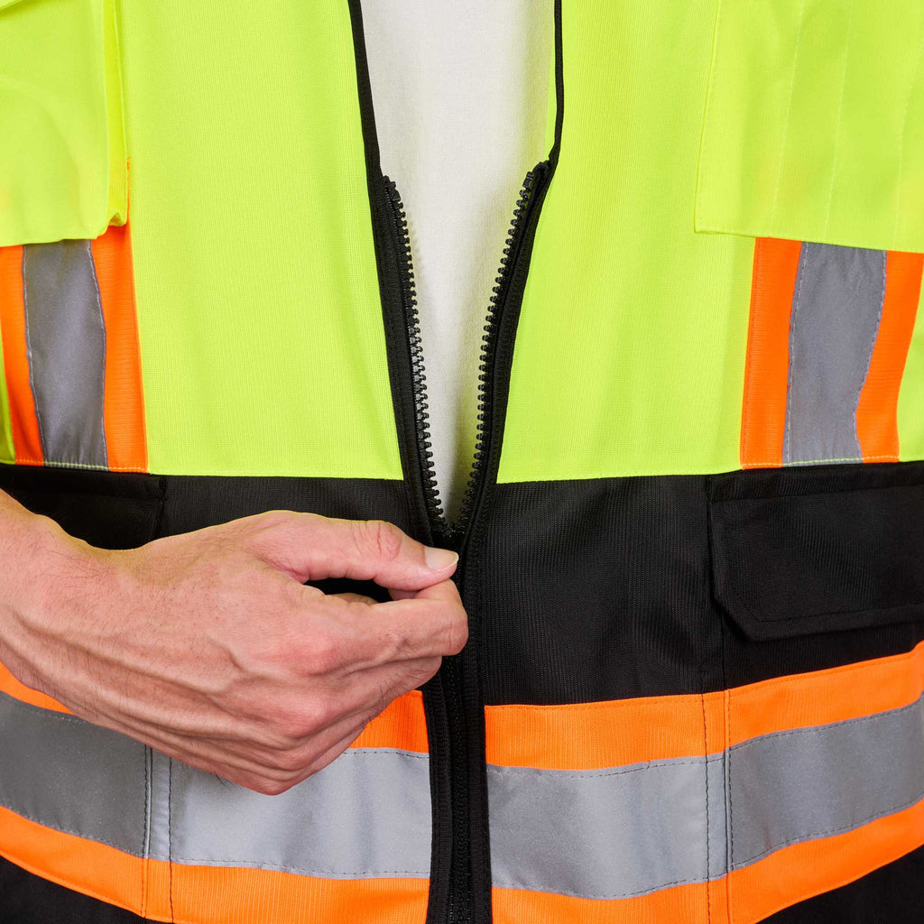 Be Safe Type R Class 2 Lime L/XL Deluxe High Visibility Safety Vest - Zipper Closure, Black Panel, Reflective Tape - 20 count box