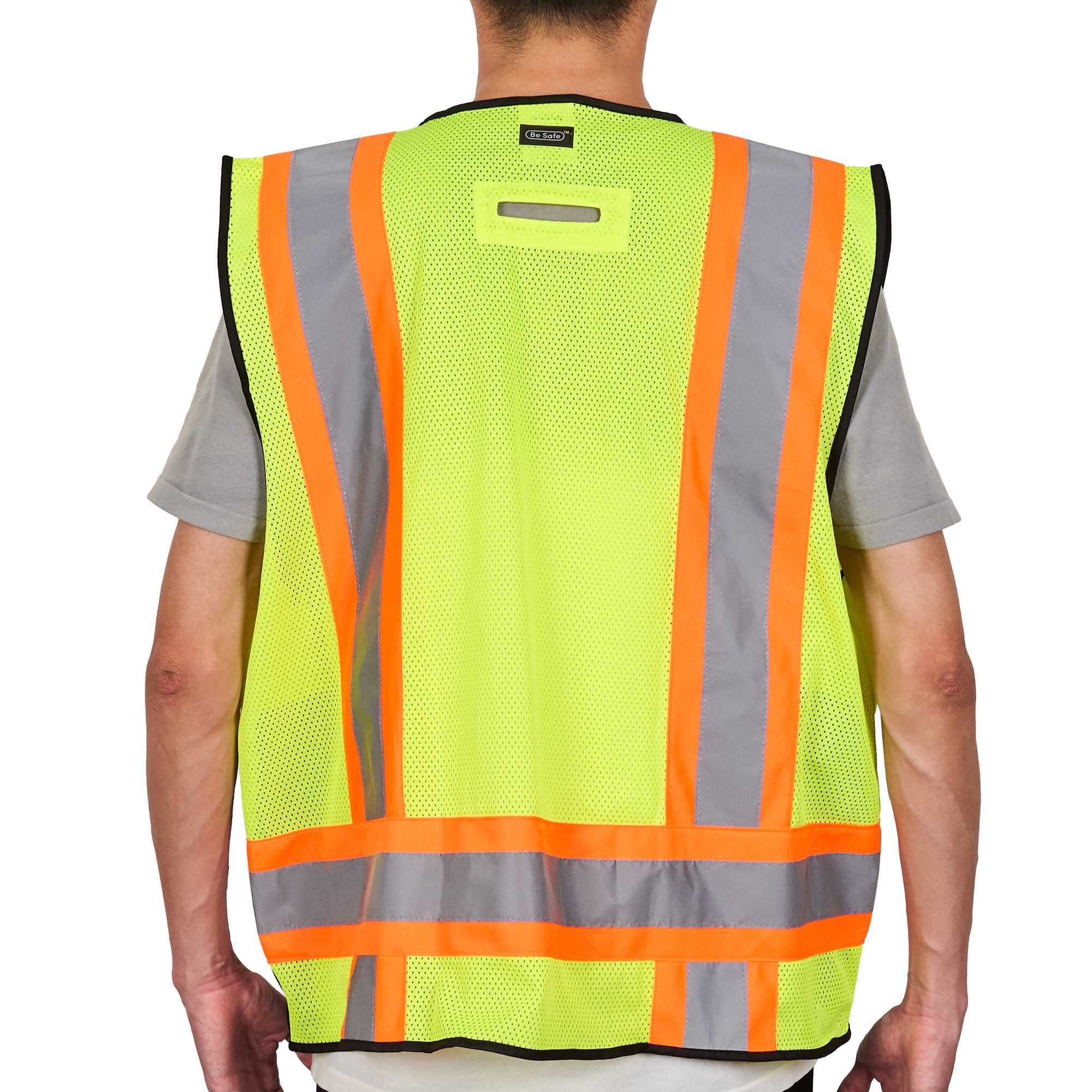 Be Safe Type R Class 2 Lime L/XL Deluxe High Visibility Safety Vest - Zipper Closure, Black Panel, Reflective Tape - 20 count box