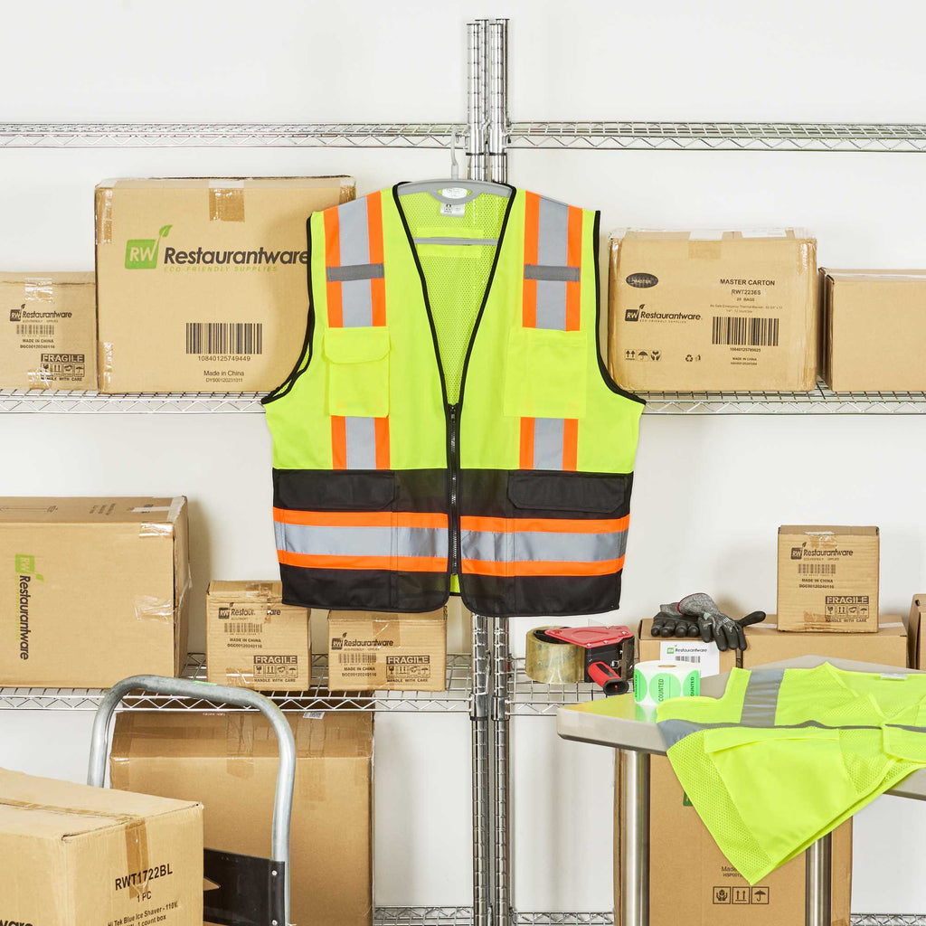 Be Safe Type R Class 2 Lime L/XL Deluxe High Visibility Safety Vest - Zipper Closure, Black Panel, Reflective Tape - 20 count box