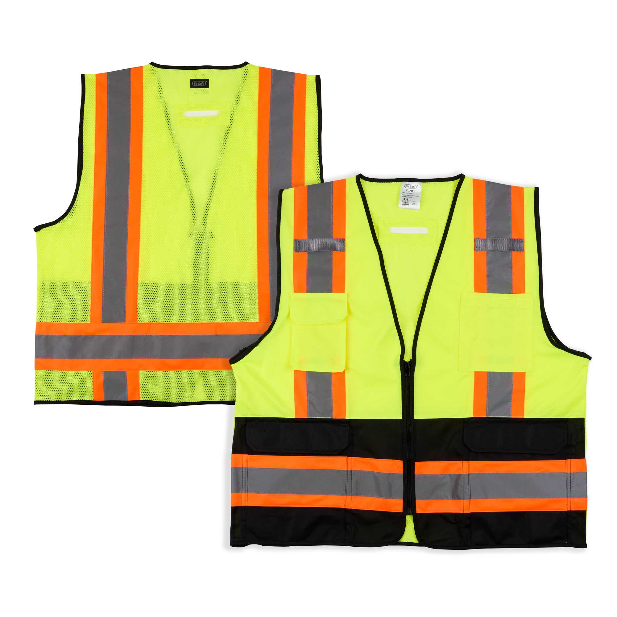 Be Safe Type R Class 2 Lime 4XL/5XL Deluxe High Visibility Safety Vest - Zipper Closure, Black Panel, Reflective Tape - 20 count box