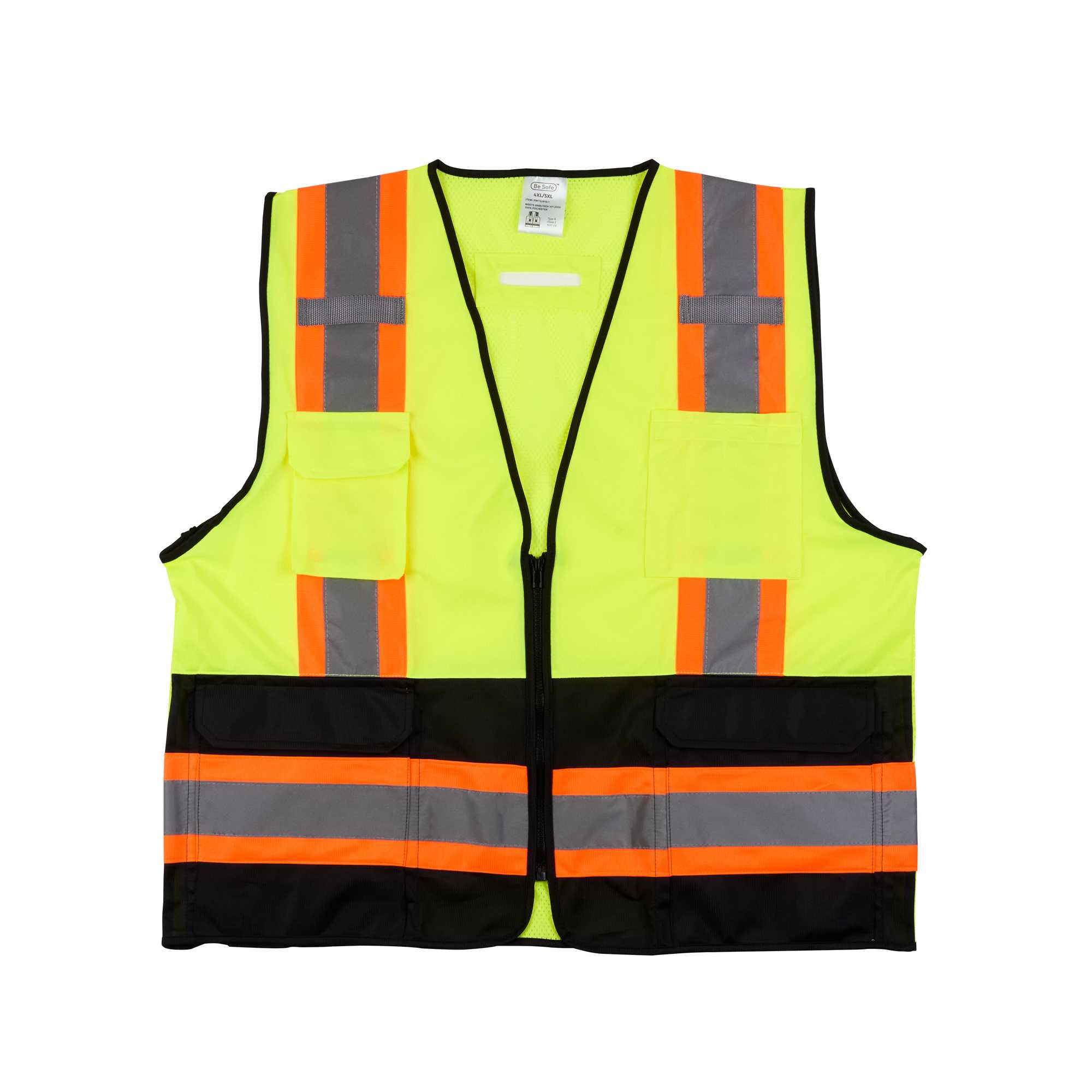 Be Safe Type R Class 2 Lime 4XL/5XL Deluxe High Visibility Safety Vest - Zipper Closure, Black Panel, Reflective Tape - 20 count box