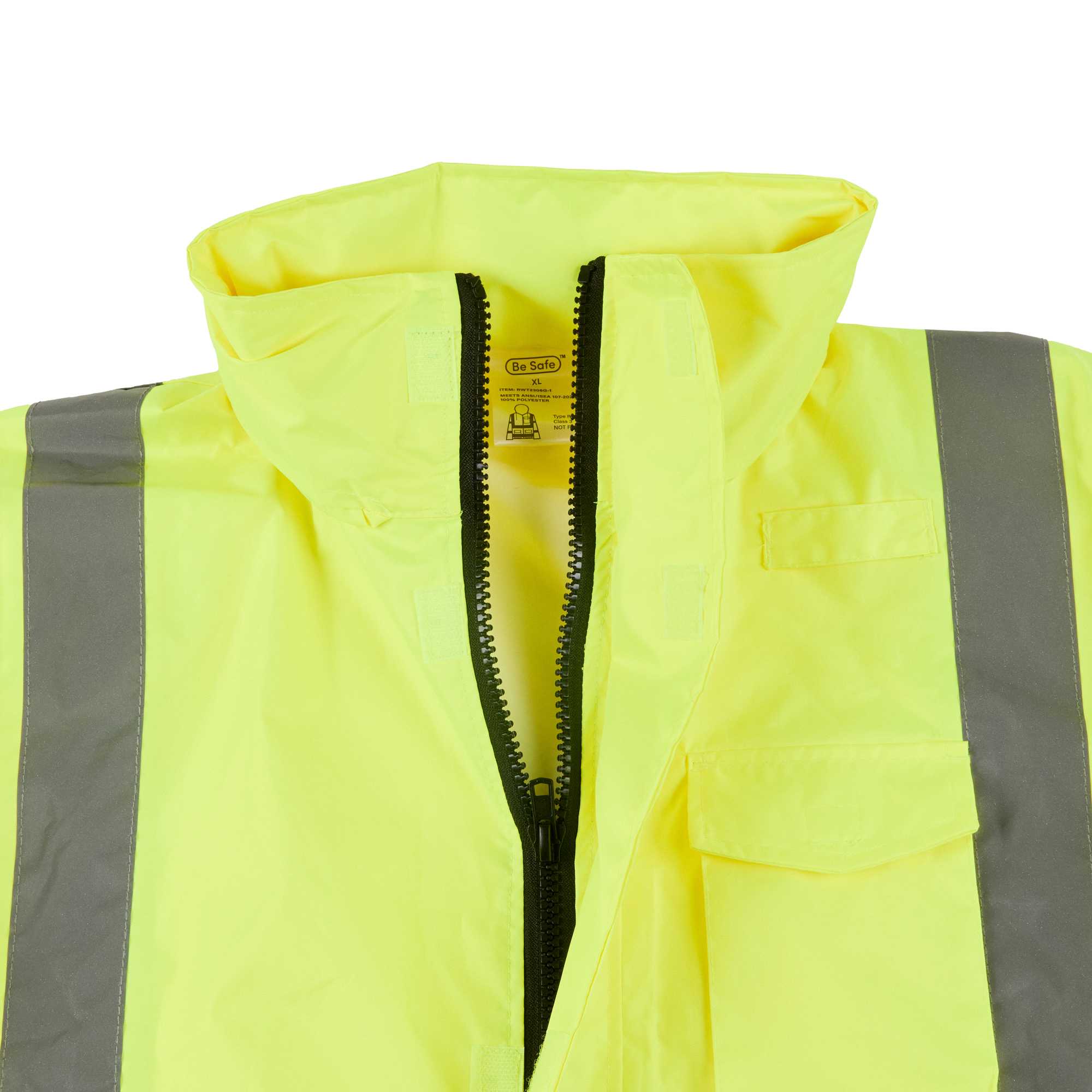 Be Safe Type R Class 3 Lime XL High Visibility Lightweight Rain Jacket - Zipper Closure, Reflective Tape - 1 count box