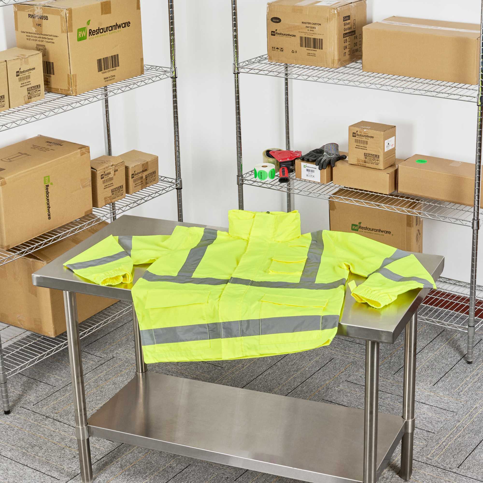 Be Safe Type R Class 3 Lime XL High Visibility Lightweight Rain Jacket - Zipper Closure, Reflective Tape - 20 count box