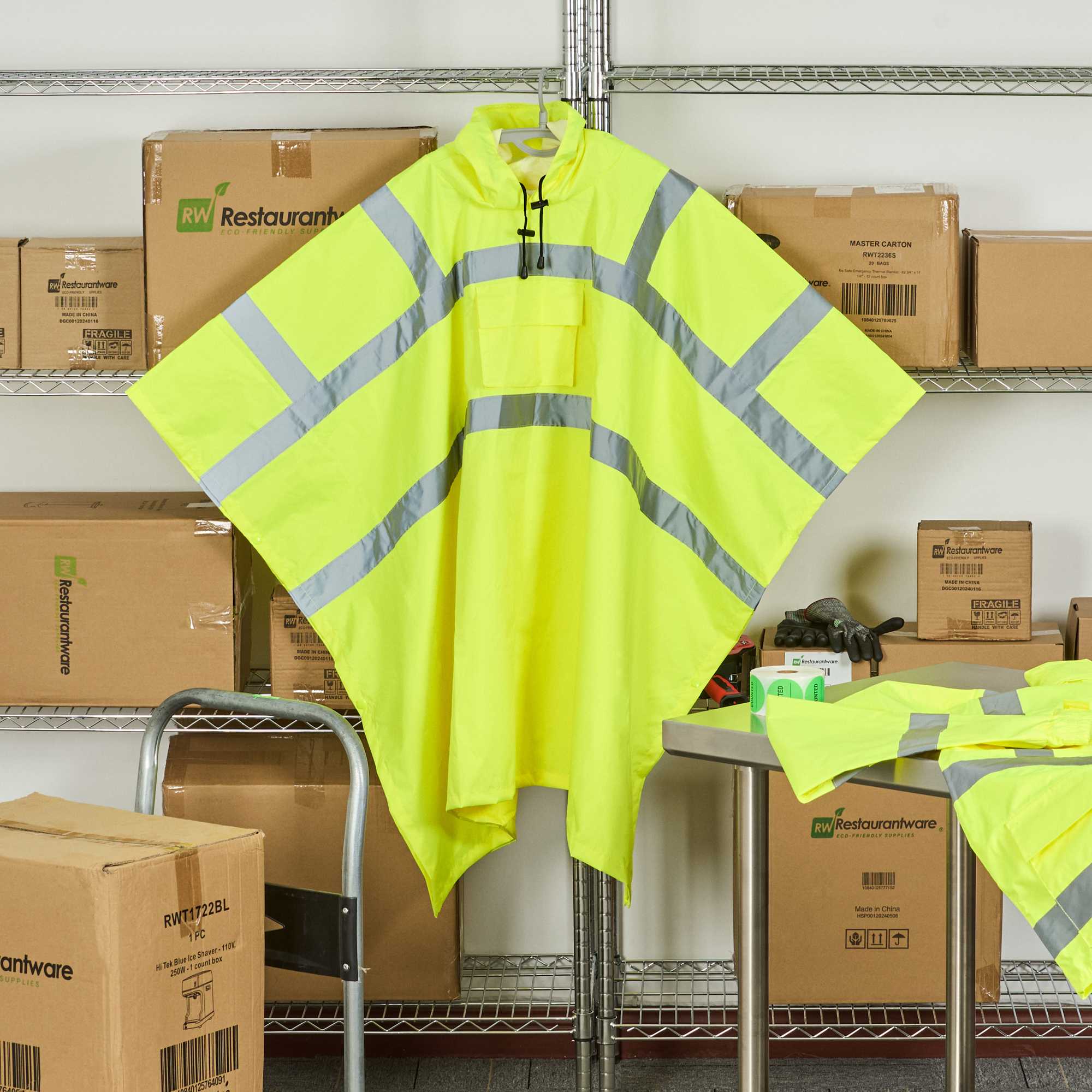 Be Safe Type R Class 3 Lime One Size Fits All High Visibility Lightweight Rain Poncho - Reflective Tape - 1 count box