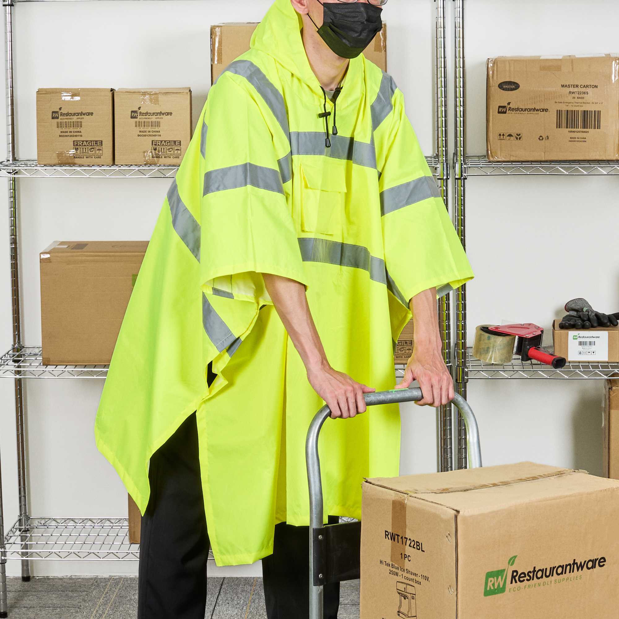 Be Safe Type R Class 3 Lime One Size Fits All High Visibility Lightweight Rain Poncho - Reflective Tape - 1 count box