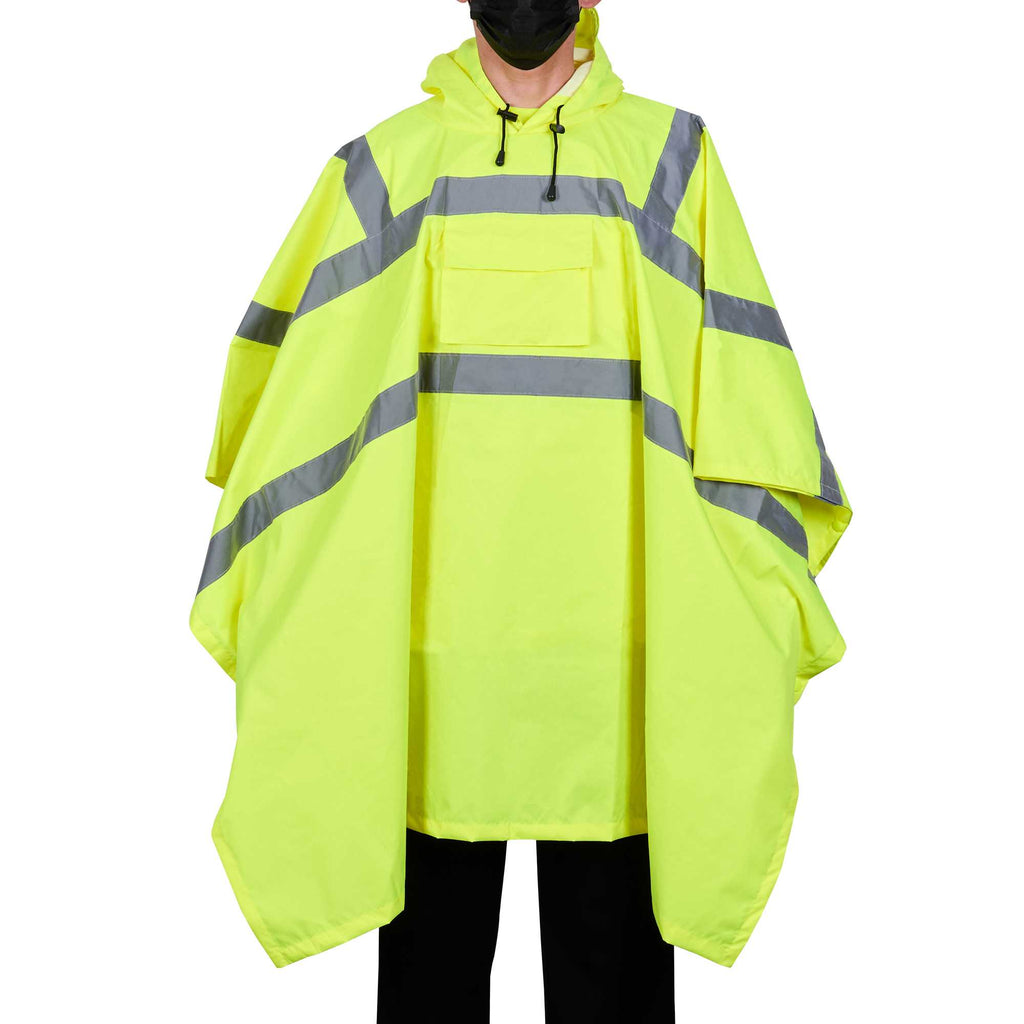Be Safe Type R Class 3 Lime One Size Fits All High Visibility Lightweight Rain Poncho - Reflective Tape - 20 count box