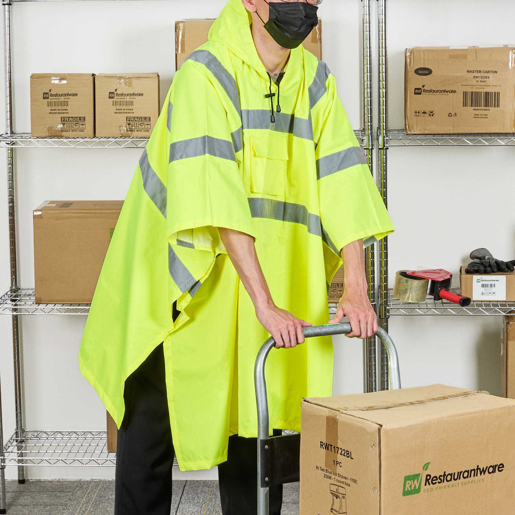 Be Safe Type R Class 3 Lime One Size Fits All High Visibility Lightweight Rain Poncho - Reflective Tape - 20 count box