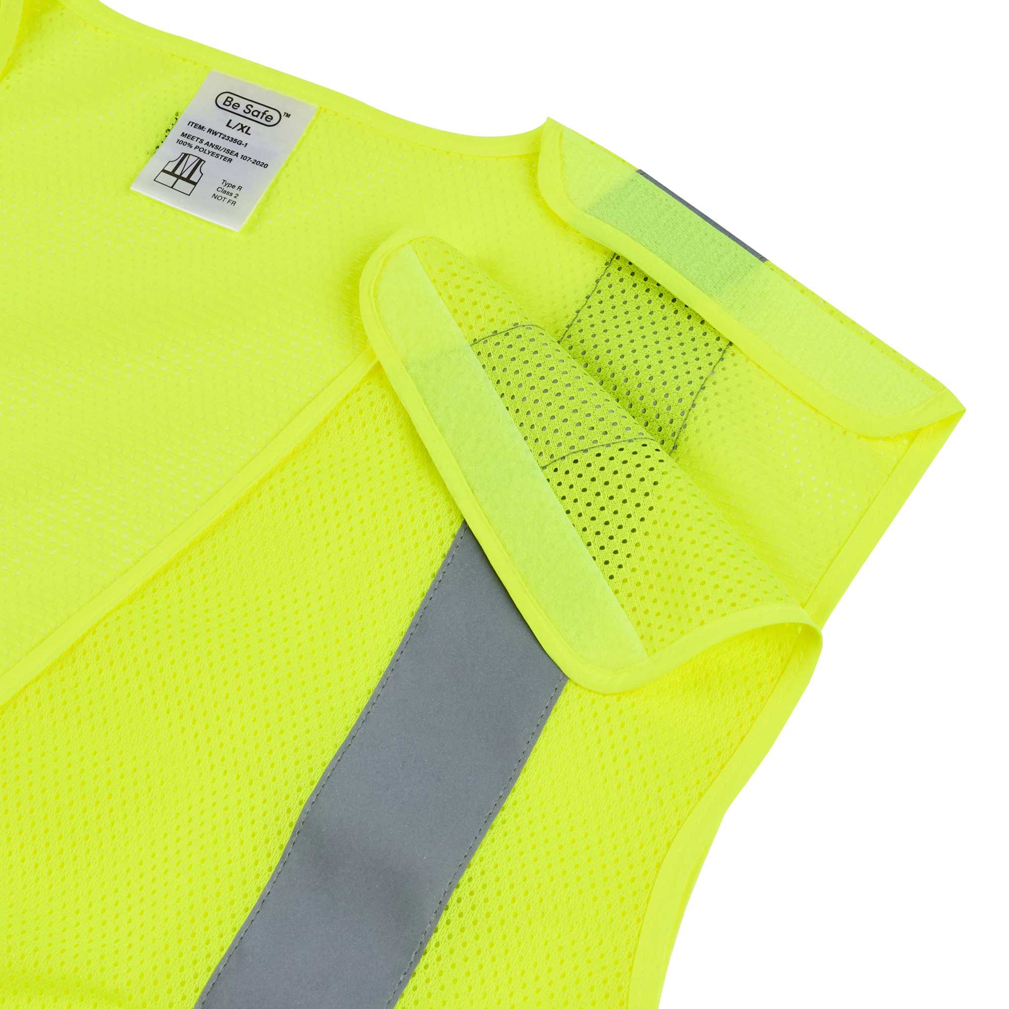 Be Safe Type R Class 2 Lime L/XL High Visibility 5-Point Breakaway Mesh Safety Vest - Hook/Loop Closure, Reflective Tape - 1 count box