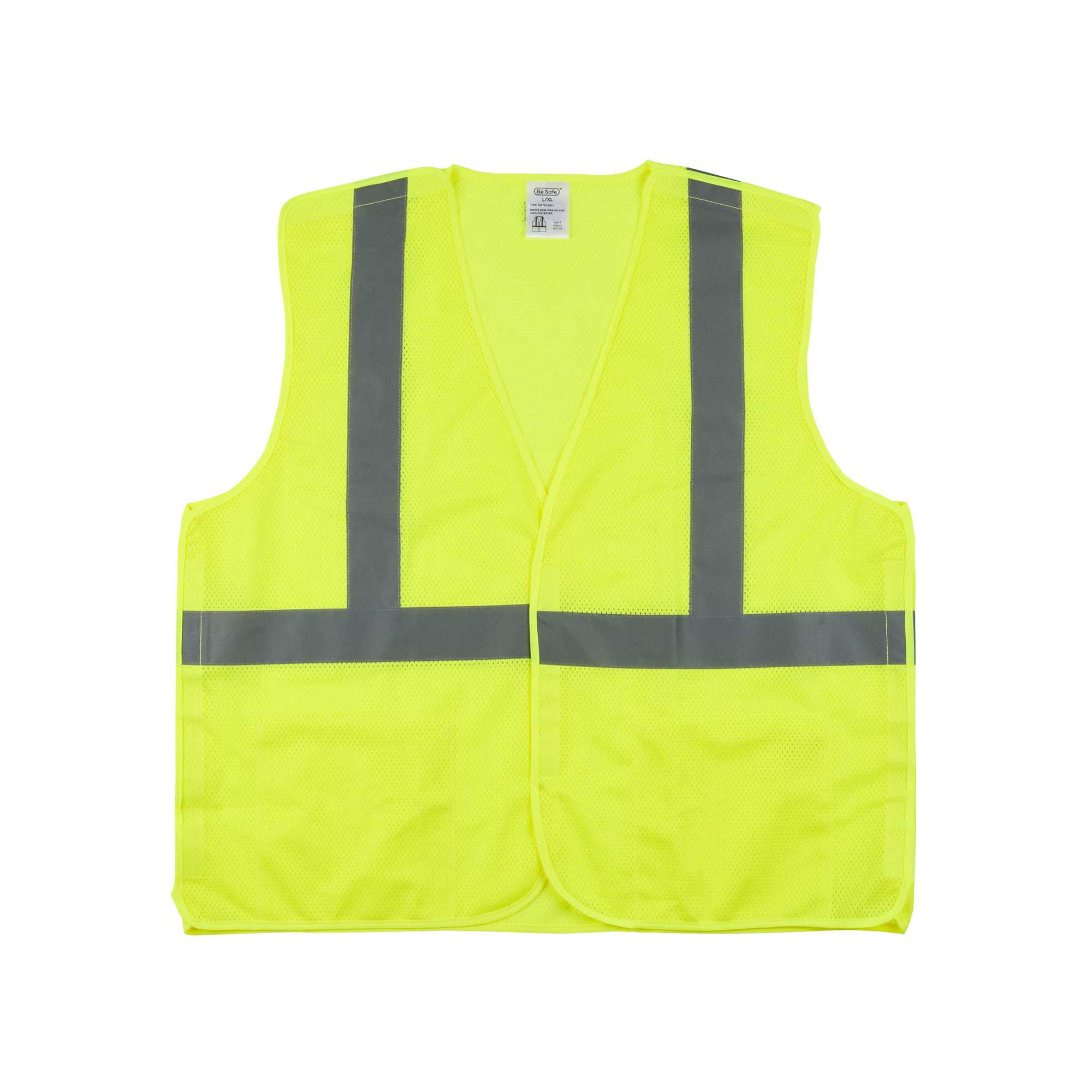 Be Safe Type R Class 2 Lime L/XL High Visibility 5-Point Breakaway Mesh Safety Vest - Hook/Loop Closure, Reflective Tape - 20 count box