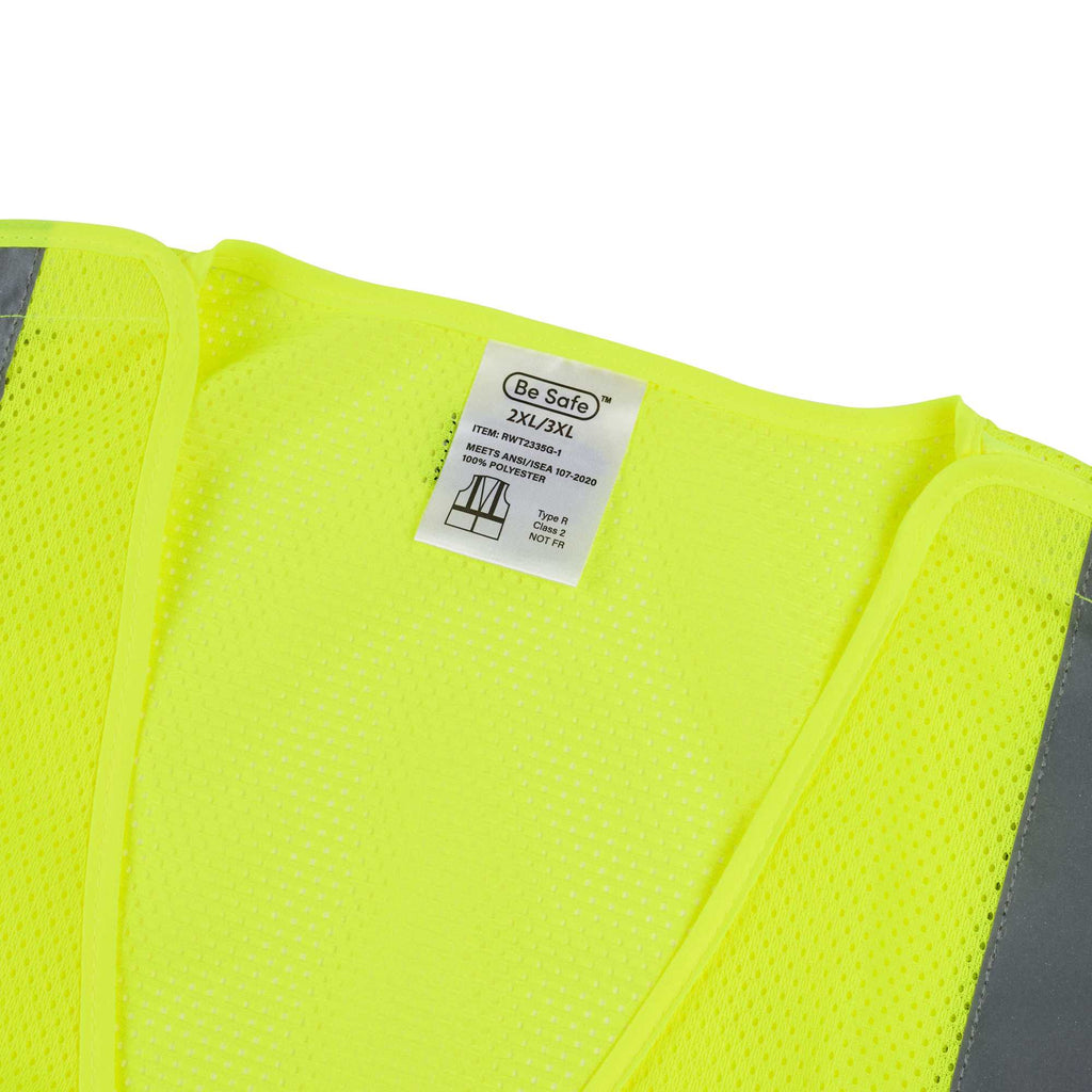 Be Safe Type R Class 2 Lime 2XL/3XL High Visibility 5-Point Breakaway Mesh Safety Vest - Hook/Loop Closure, Reflective Tape - 20 count box