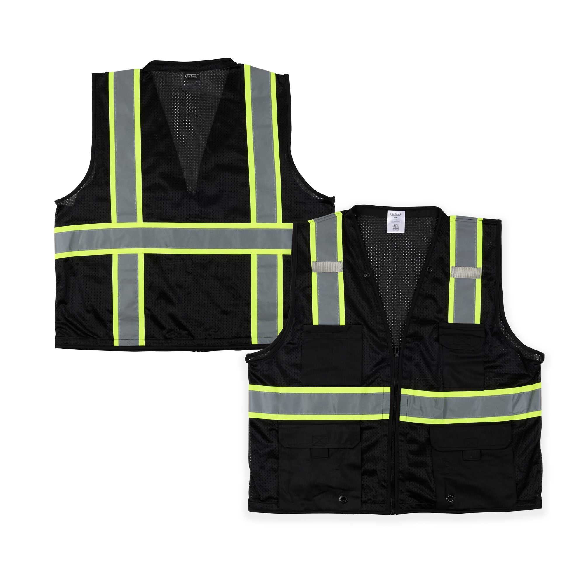 Be Safe Black S/M High Visibility Mesh Safety Vest - Zipper Closure, Reflective Tape - 1 count box