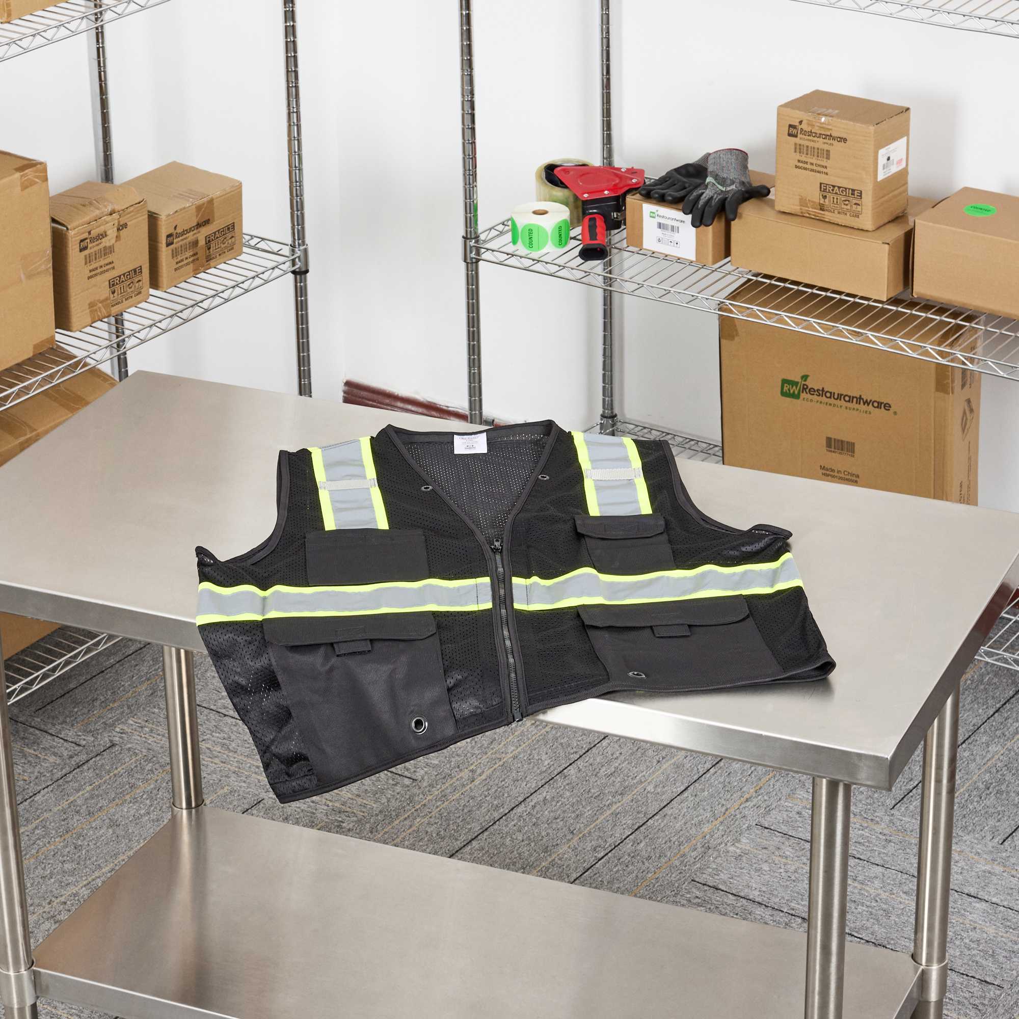 Be Safe Black L/XL High Visibility Mesh Safety Vest - Zipper Closure, Reflective Tape - 1 count box