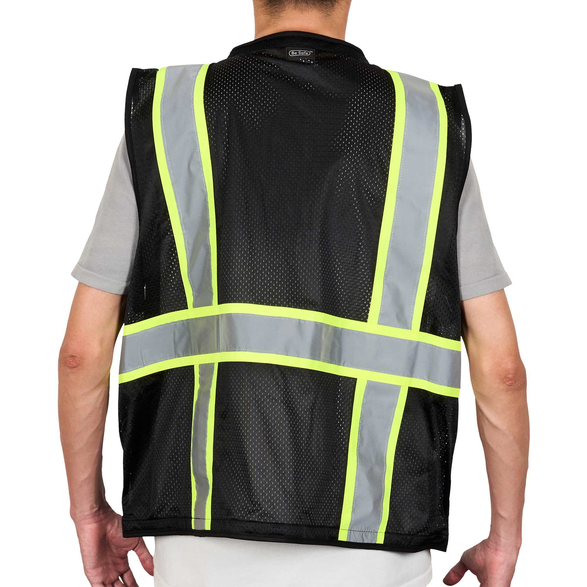 Be Safe Black L/XL High Visibility Mesh Safety Vest - Zipper Closure, Reflective Tape - 1 count box