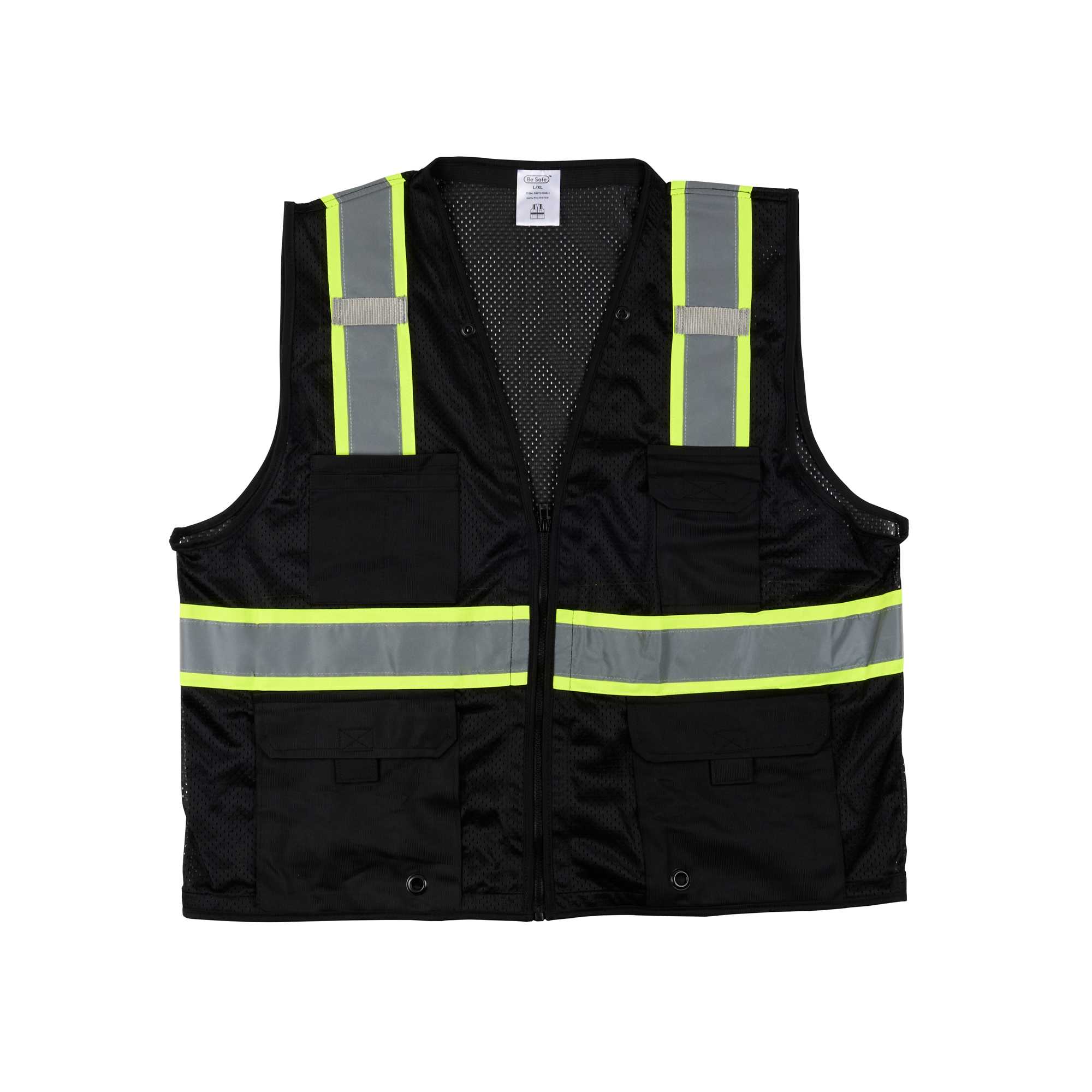 Be Safe Black L/XL High Visibility Mesh Safety Vest - Zipper Closure, Reflective Tape - 1 count box