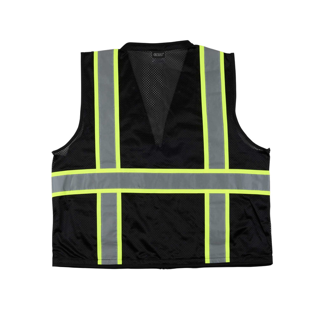 Be Safe Black L/XL High Visibility Mesh Safety Vest - Zipper Closure, Reflective Tape - 20 count box