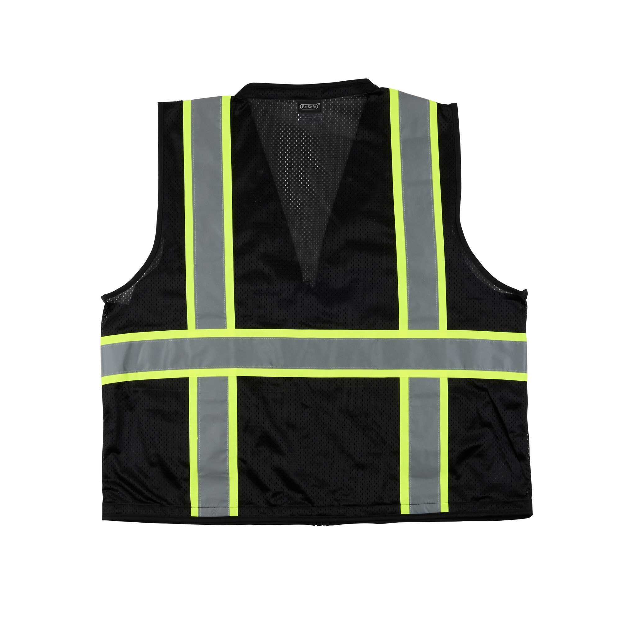 Be Safe Black L/XL High Visibility Mesh Safety Vest - Zipper Closure, Reflective Tape - 20 count box