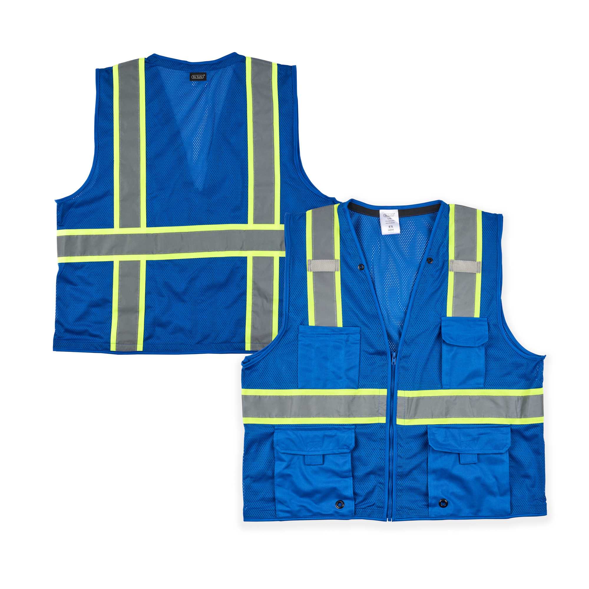 Be Safe Blue L/XL High Visibility Mesh Safety Vest - Zipper Closure, Reflective Tape - 1 count box