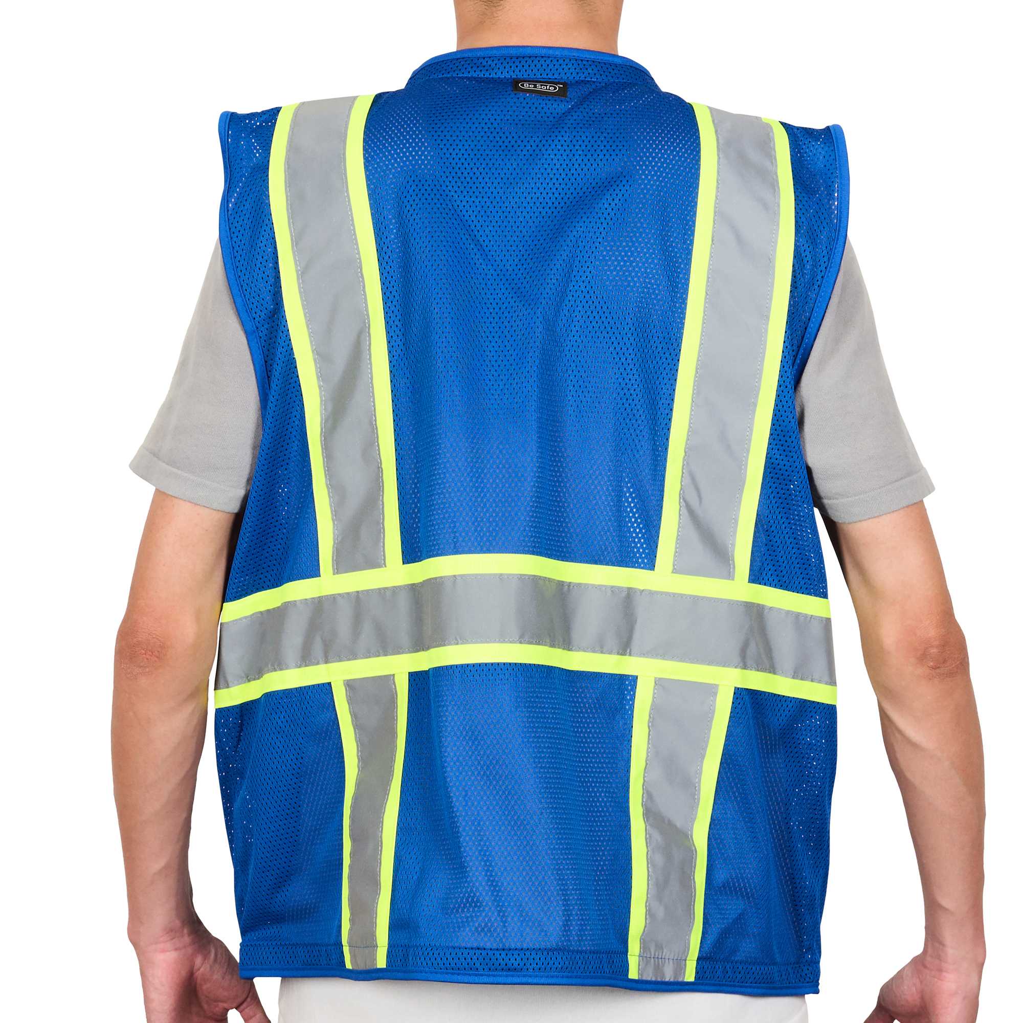 Be Safe Blue L/XL High Visibility Mesh Safety Vest - Zipper Closure, Reflective Tape - 1 count box