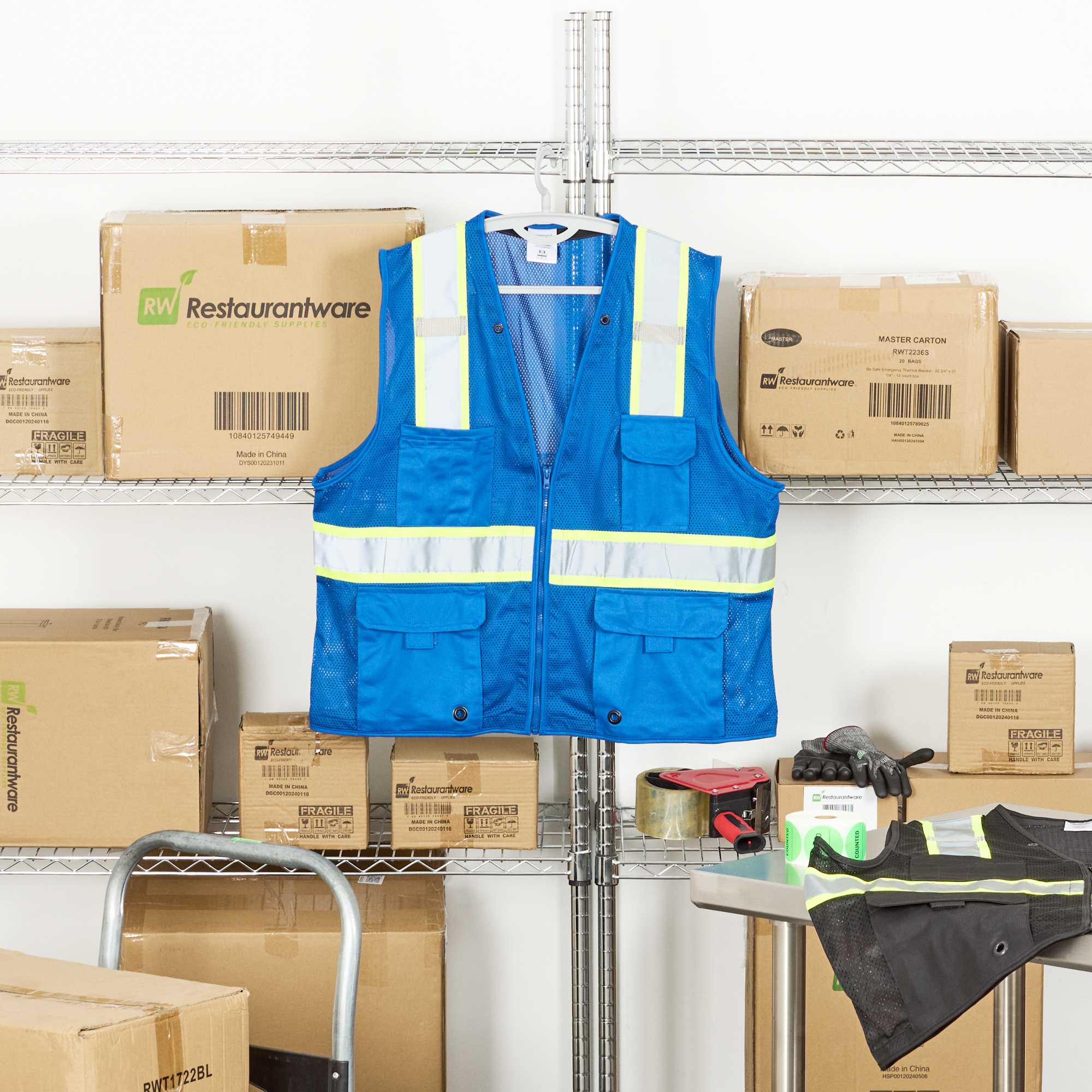 Be Safe Blue L/XL High Visibility Mesh Safety Vest - Zipper Closure, Reflective Tape - 20 count box