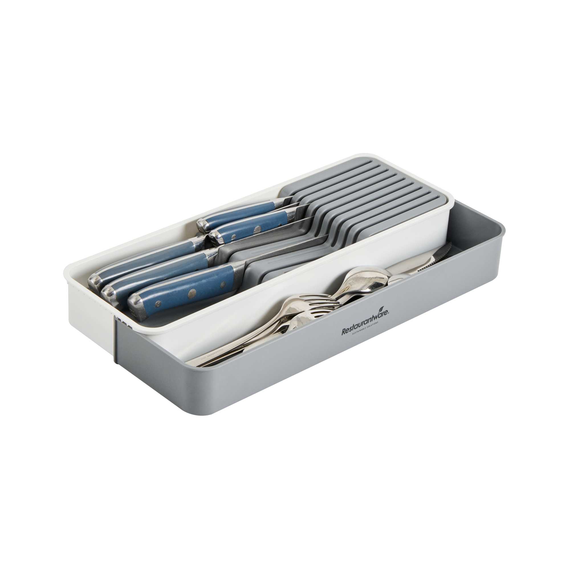 Clean Tek Professional Gray and White Plastic Expandable 2-Tier Knife Drawer Organizer - 15 1/2" x 5 1/2" x 2 1/4" - 1 count box