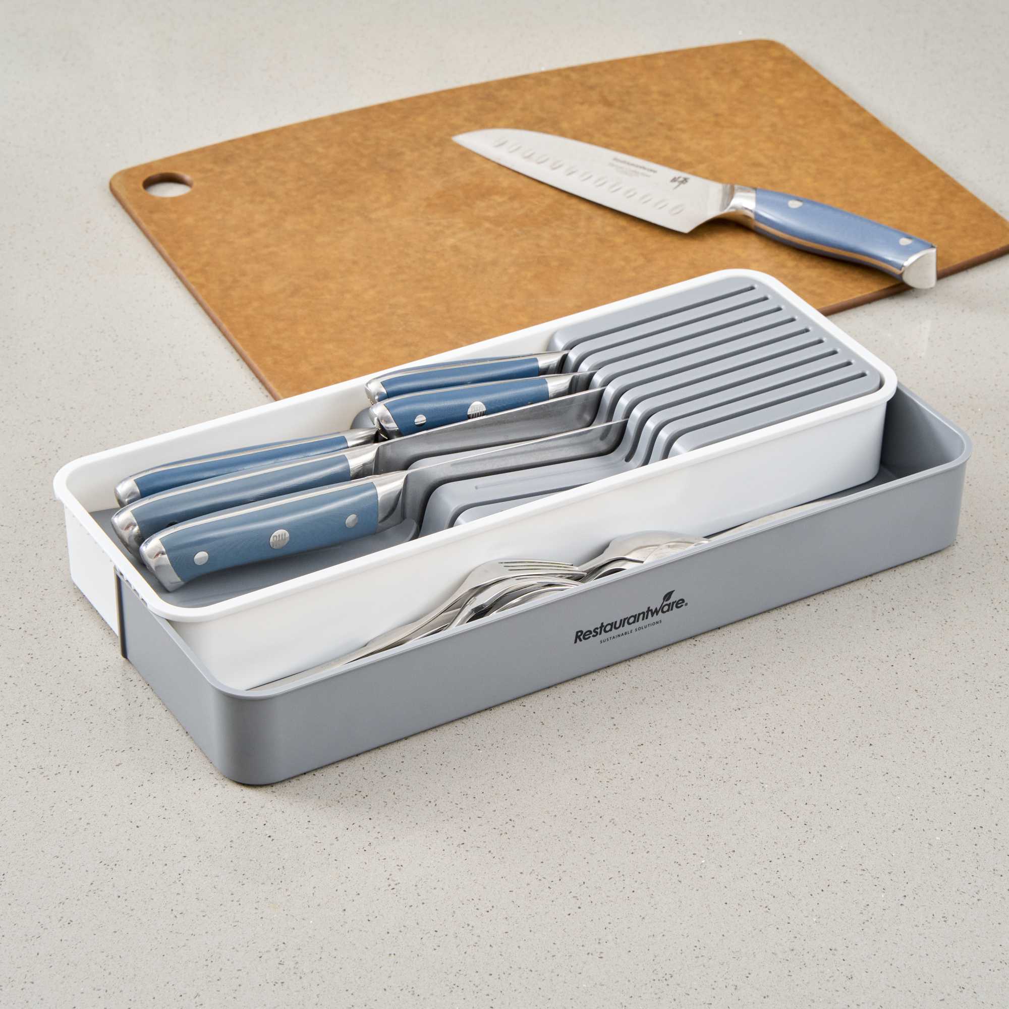 Clean Tek Professional Gray and White Plastic Expandable 2-Tier Knife Drawer Organizer - 15 1/2" x 5 1/2" x 2 1/4" - 1 count box