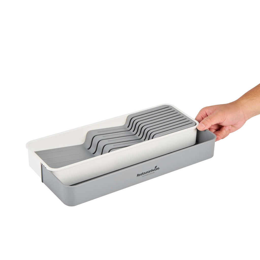 Clean Tek Professional Gray and White Plastic Expandable 2-Tier Knife Drawer Organizer - 15 1/2" x 5 1/2" x 2 1/4" - 1 count box