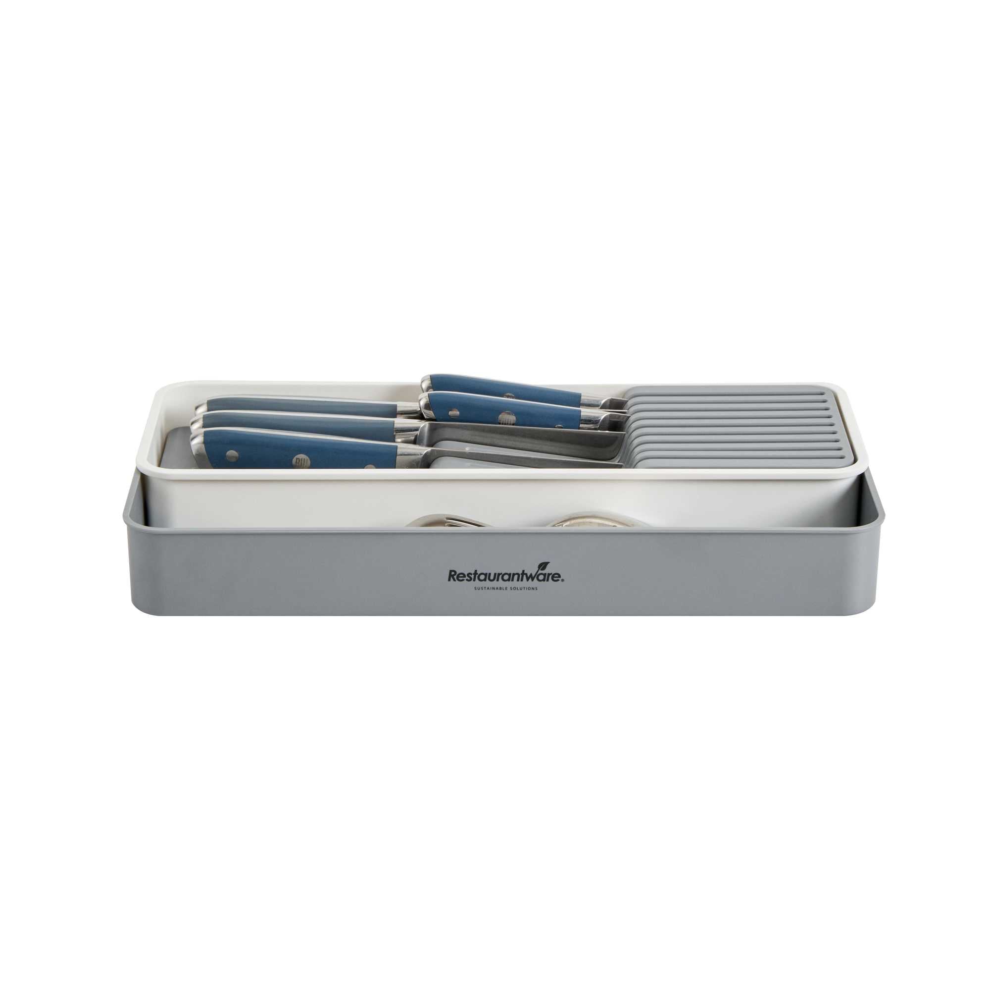 Clean Tek Professional Gray and White Plastic Expandable 2-Tier Knife Drawer Organizer - 15 1/2" x 5 1/2" x 2 1/4" - 1 count box