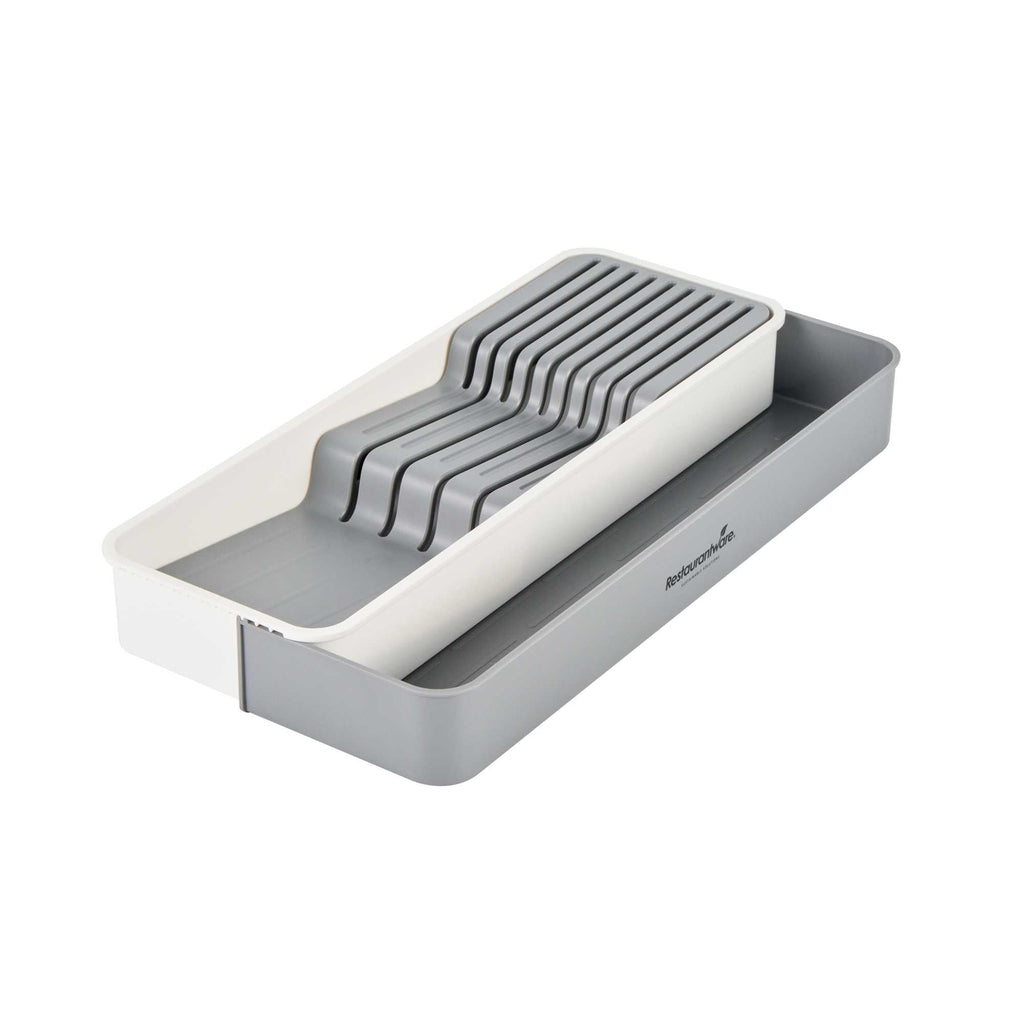 Clean Tek Professional Gray and White Plastic Expandable 2-Tier Knife Drawer Organizer - 15 1/2" x 5 1/2" x 2 1/4" - 1 count box