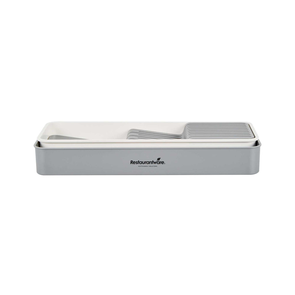 Clean Tek Professional Gray and White Plastic Expandable 2-Tier Knife Drawer Organizer - 15 1/2" x 5 1/2" x 2 1/4" - 1 count box