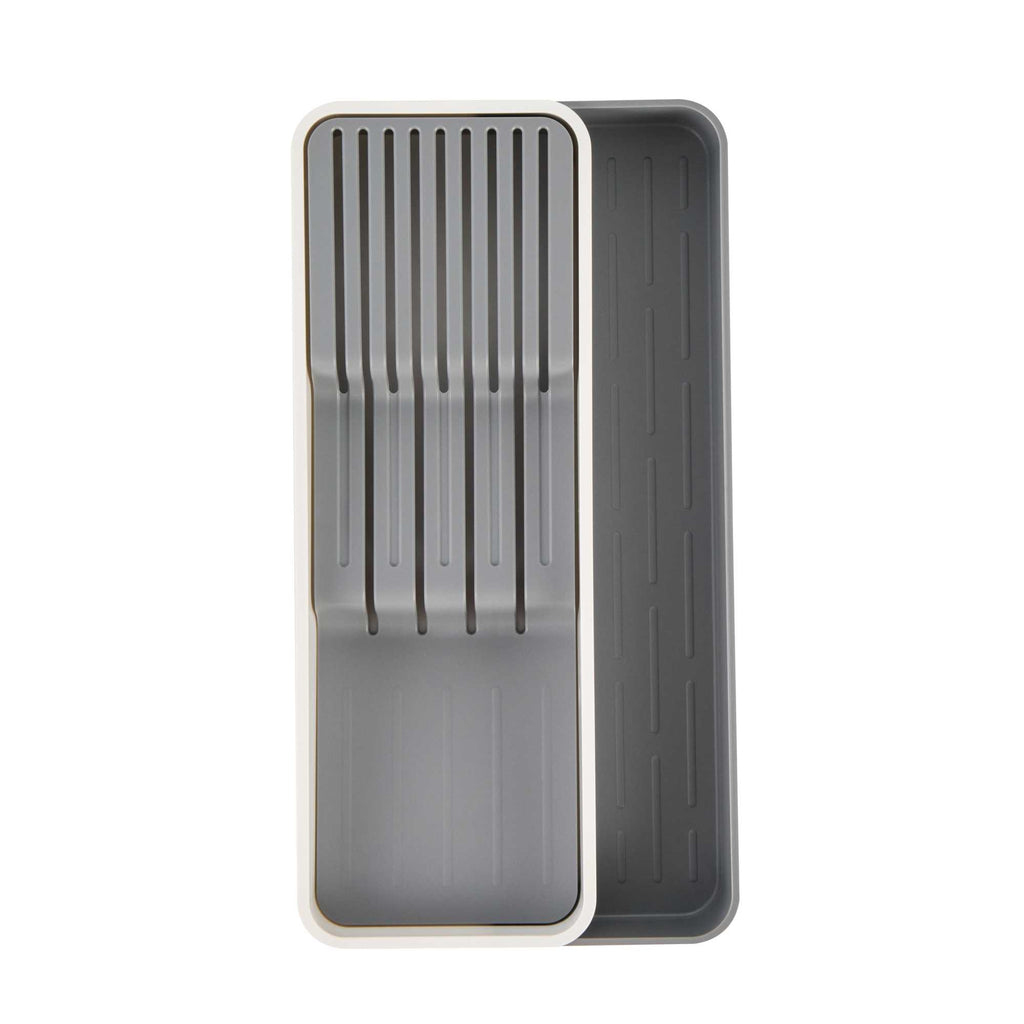 Clean Tek Professional Gray and White Plastic Expandable 2-Tier Knife Drawer Organizer - 15 1/2" x 5 1/2" x 2 1/4" - 1 count box