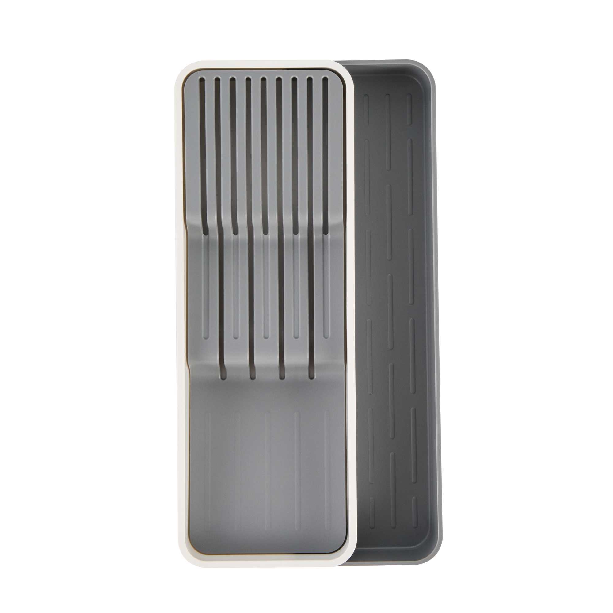 Clean Tek Professional Gray and White Plastic Expandable 2-Tier Knife Drawer Organizer - 15 1/2" x 5 1/2" x 2 1/4" - 1 count box
