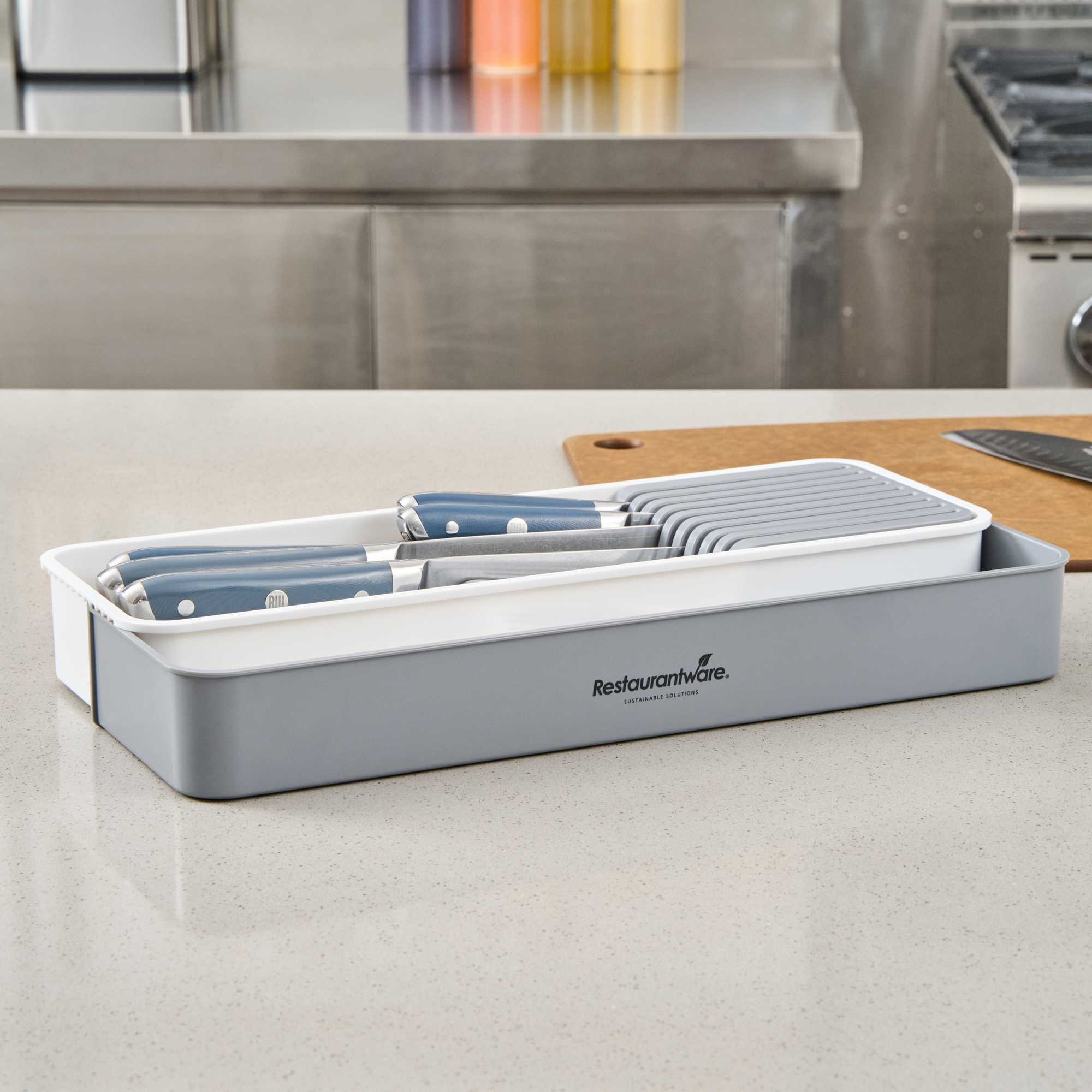 Clean Tek Professional Gray and White Plastic Expandable 2-Tier Knife Drawer Organizer - 15 1/2" x 5 1/2" x 2 1/4" - 1 count box