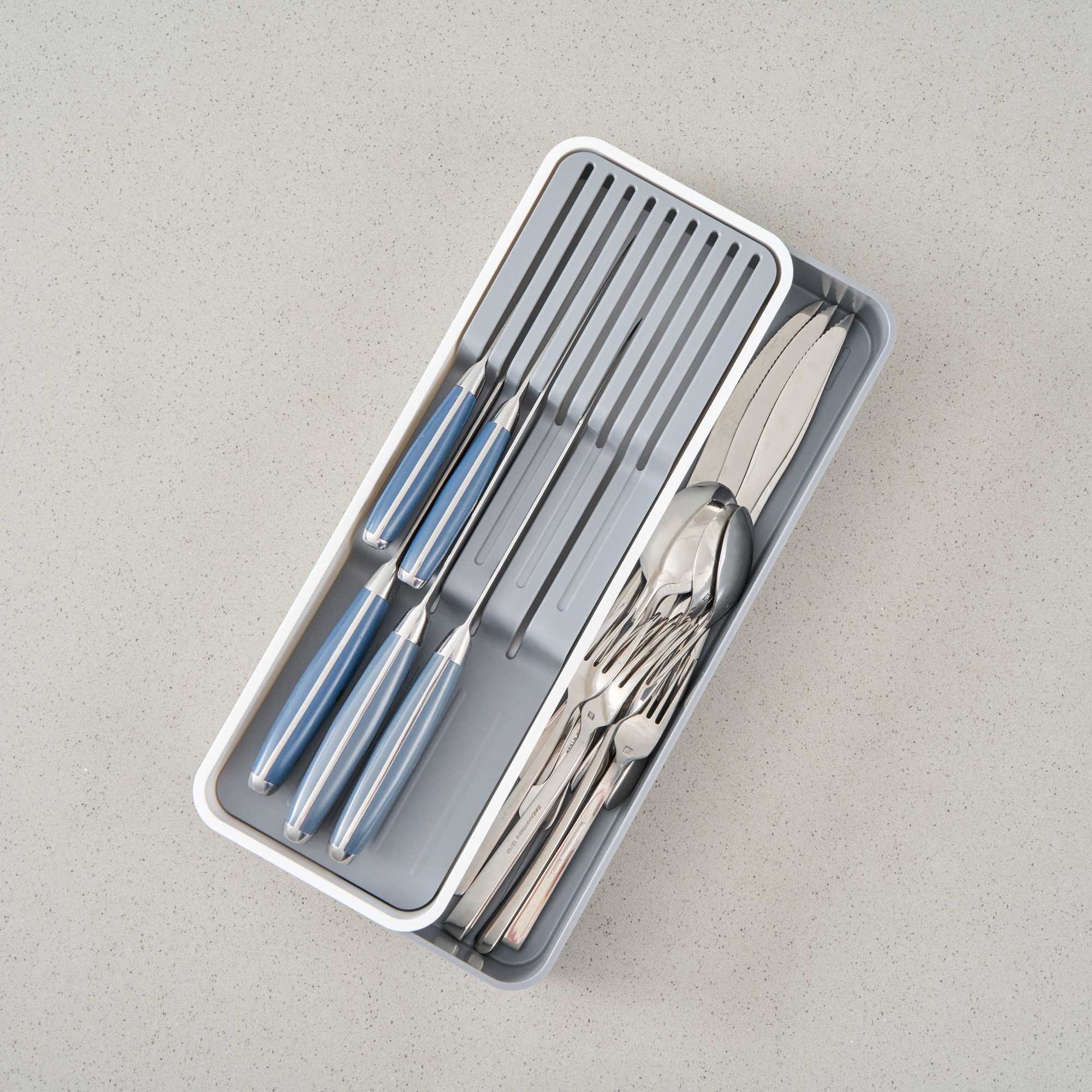 Clean Tek Professional Gray and White Plastic Expandable 2-Tier Knife Drawer Organizer - 15 1/2" x 5 1/2" x 2 1/4" - 1 count box