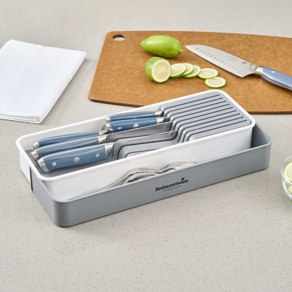 Clean Tek Professional Gray and White Plastic Expandable 2-Tier Knife Drawer Organizer - 15 1/2" x 5 1/2" x 2 1/4" - 1 count box