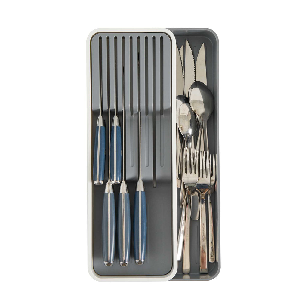 Clean Tek Professional Gray and White Plastic Expandable 2-Tier Knife Drawer Organizer - 15 1/2" x 5 1/2" x 2 1/4" - 12 count box