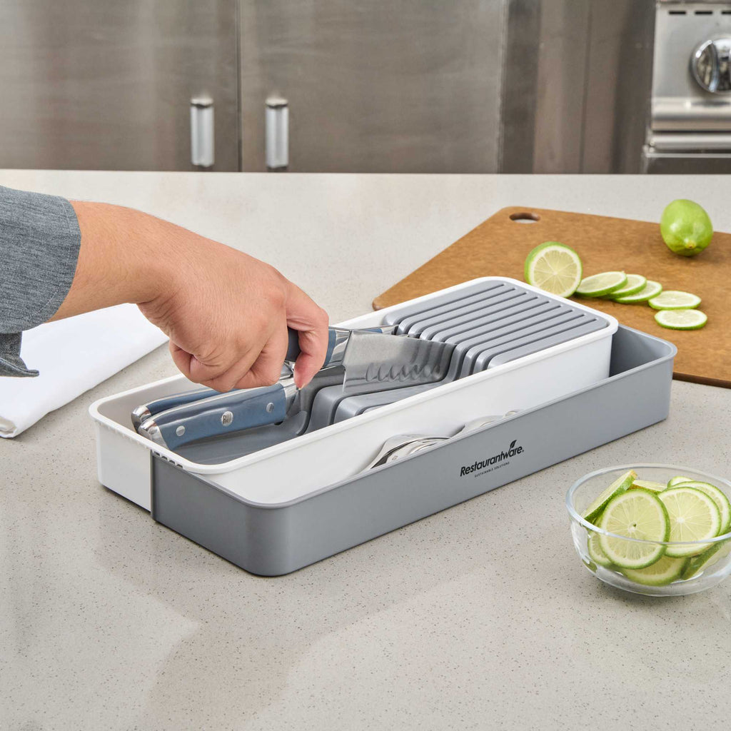 Clean Tek Professional Gray and White Plastic Expandable 2-Tier Knife Drawer Organizer - 15 1/2" x 5 1/2" x 2 1/4" - 12 count box