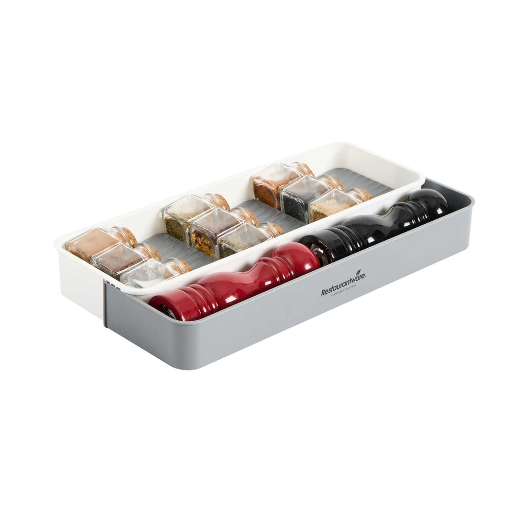 Clean Tek Professional Gray and White Plastic Expandable 3-Tier Spice Drawer Organizer - 15 1/2" x 5 1/2" x 2 1/4" - 1 count box