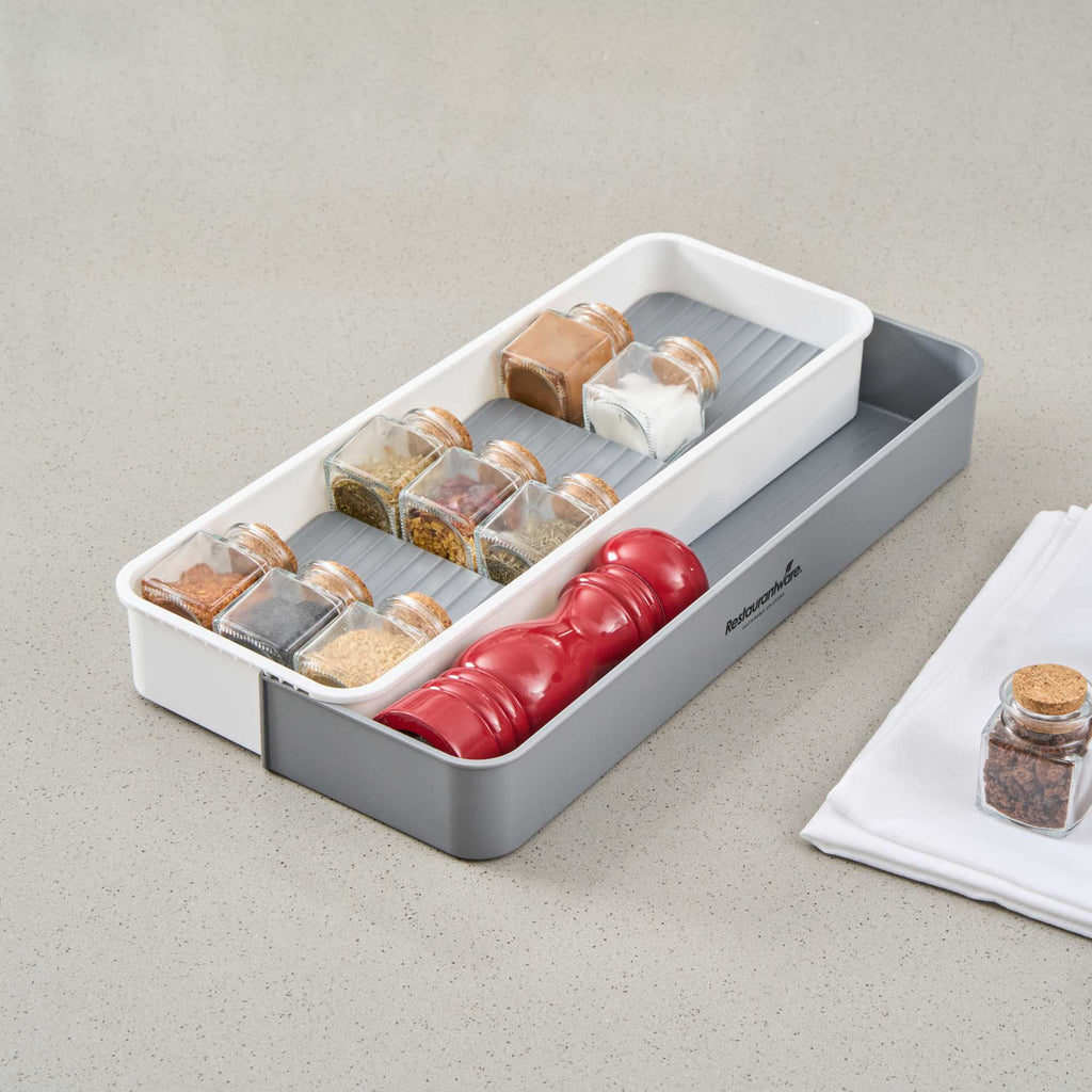 Clean Tek Professional Gray and White Plastic Expandable 3-Tier Spice Drawer Organizer - 15 1/2" x 5 1/2" x 2 1/4" - 1 count box